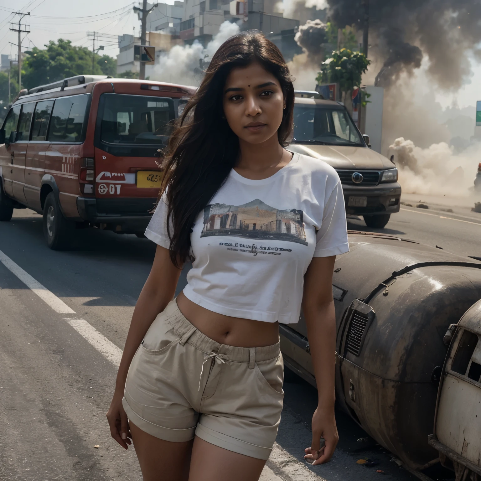 (best quality,realistic:1.37),professional photograph,Indian woman,no gloss,shorts,t-shirt,average looks,heavy traffic road,smoke,pollution effects,Natural diffuse lighting