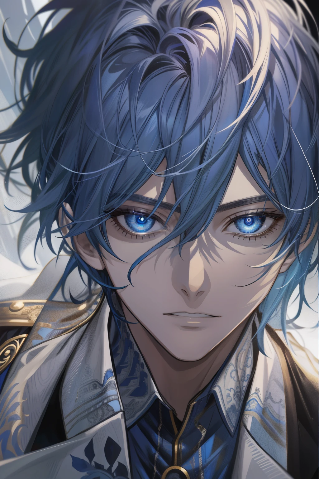 "A young man who has abandoned his childhood, with a face that is extremely detailed and realistic. He has beautiful blue hair and a focused expression. He is wearing a suit, with a coat over it and a patterned shirt. His eyes are the highlight of his face, with their exquisite details. The lighting is from the side, which enhances the beauty of his eyes. The artwork is of the highest quality, with ultra-fine details, and it captures the essence of both reality and fantasy. The color tone of the image is dominated by shades of blue."

Note:
- The prompt should not be identical to the given theme. It should be converted into a detailed and high-quality prompt format.
- Please adjust the order of the tags according to their importance.
- You can add more relevant details as necessary, following the format and guidelines provided.