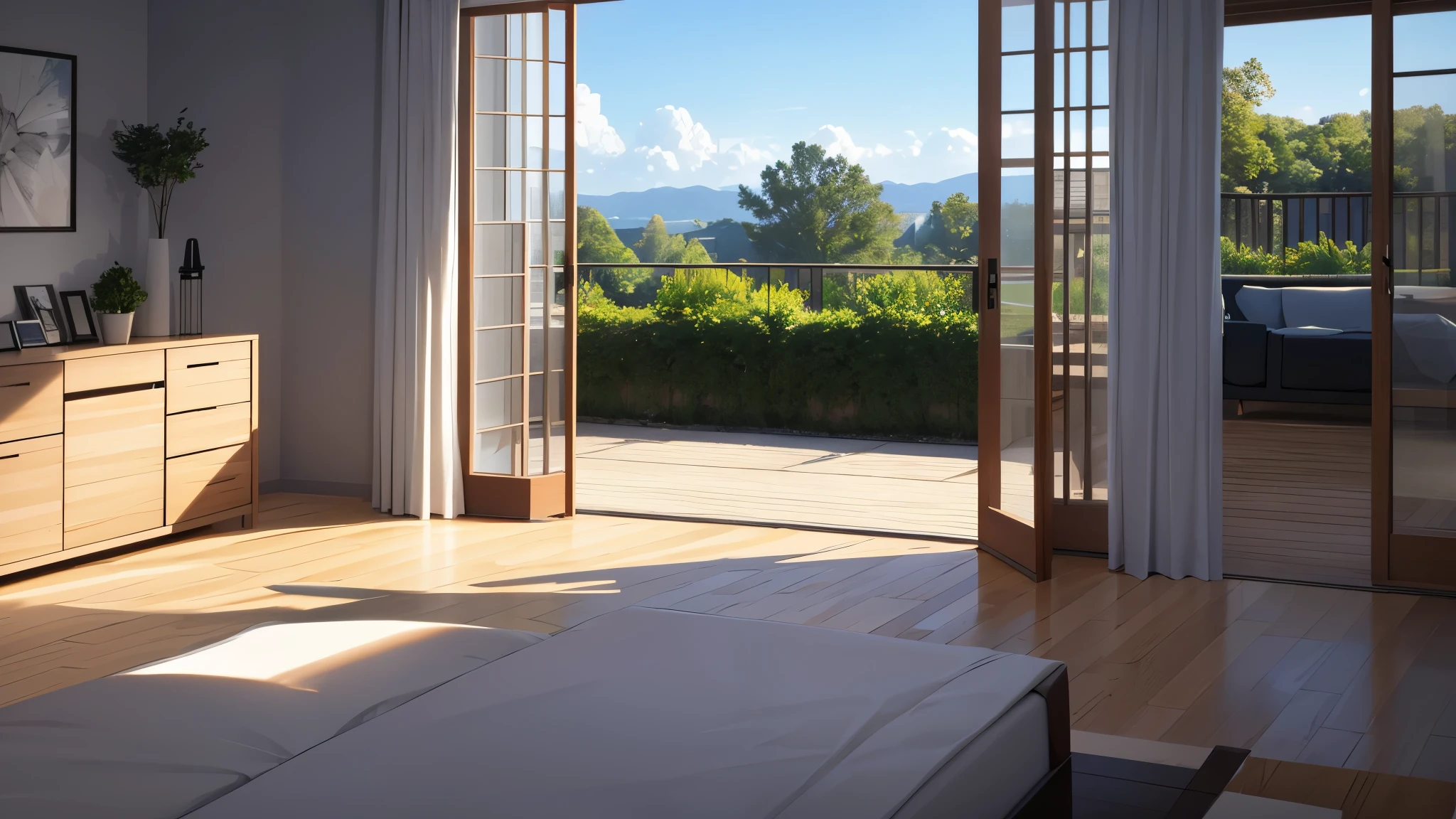 you are a famous interior designer、I was asked to create a 3D image of a large modern room.。. Create a harmonious environment with modern and minimalist furniture. Including garden interior.