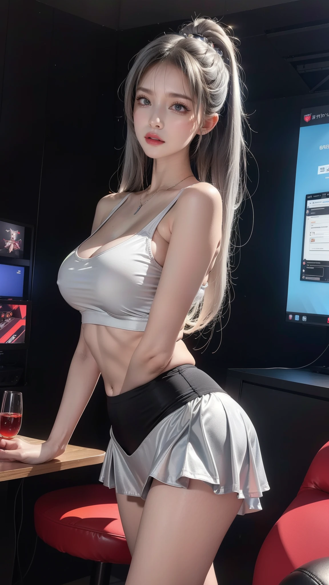 silver wolf, masterpiece, best quality, Super detailed, Extremely detailed 16k CG wallpaper, pretty face, (silver wolf in Esports Room), (Perfect and graceful curvy figure), sitting, Rainbow Color Jewel Eyes, Wearing a resin holographic sports bra, Drapey cropped top, mini pleated skirt, flare collar, logo, impotence, rim light, concert, neon sign, vocal, flare collar, Esports Headset, Computer, Esports Room, Play the game, White interior through red skin, Holographic projection, Flat sphere, Graffiti logo, Very detailed tattoos_,