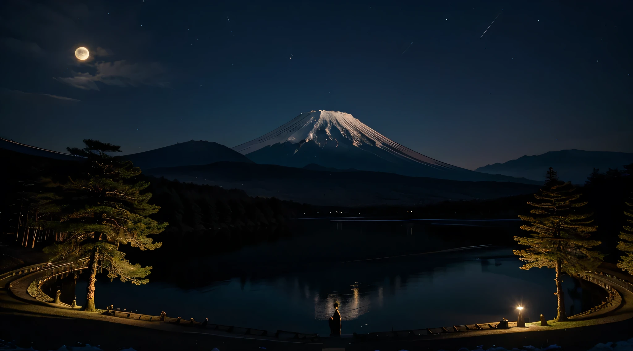 Make a full moon on top of mount fuji at a dark night in the middle of a forrest with a lake