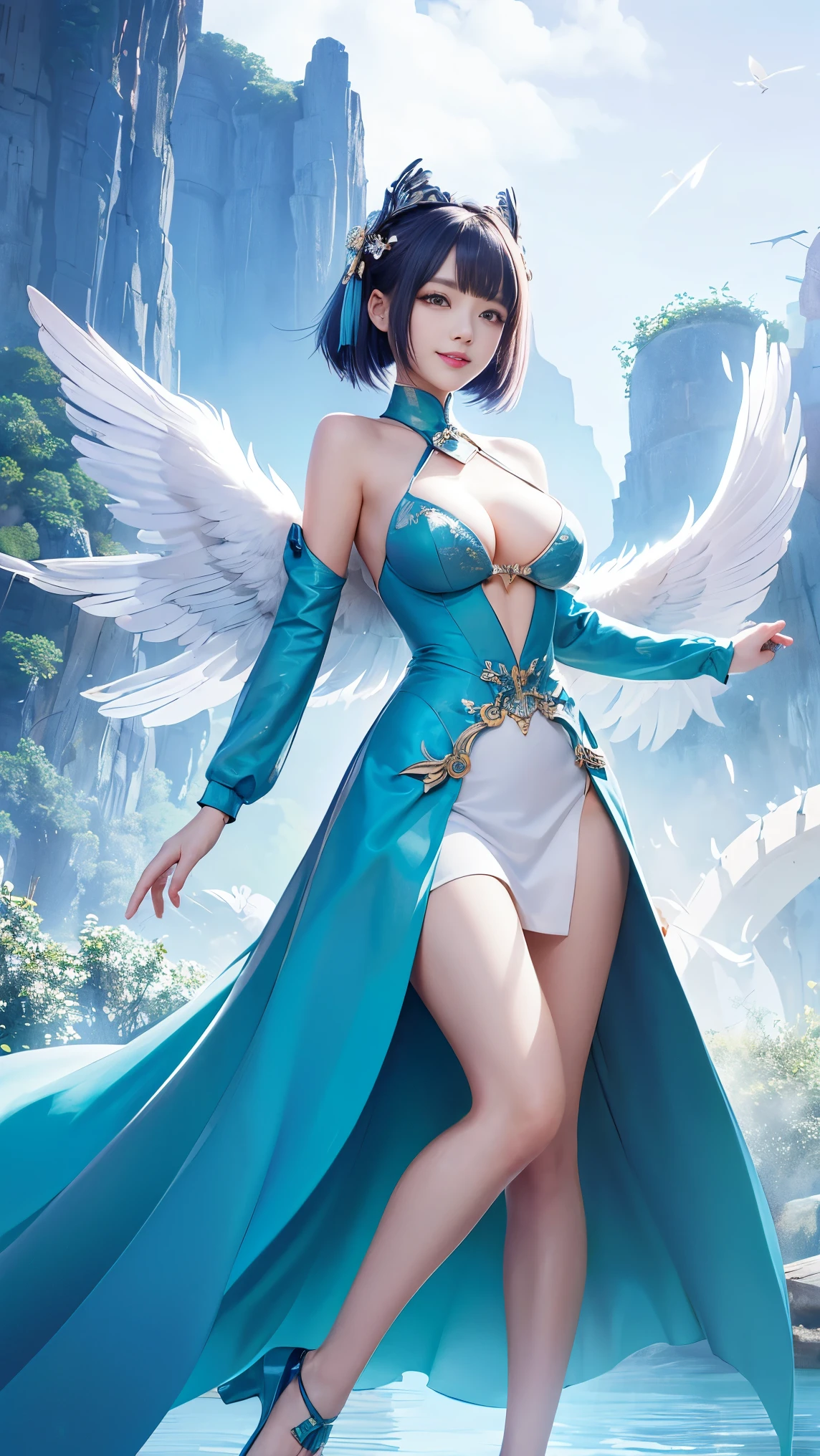 wide wide shot,(highest quality,masterpiece:1.2),(cyborg people), colored hair,(She has a pair of huge feathered wings behind her shoulders),Money,perfect proportions,(彼女のMoney属製の機械的な手足),(footwear),slim,光沢のあるMoney属、Bright colors,The lighting is dramatic., Creates depth and three-dimensionality、cleavage、smile、future city、night view、luxurious dress