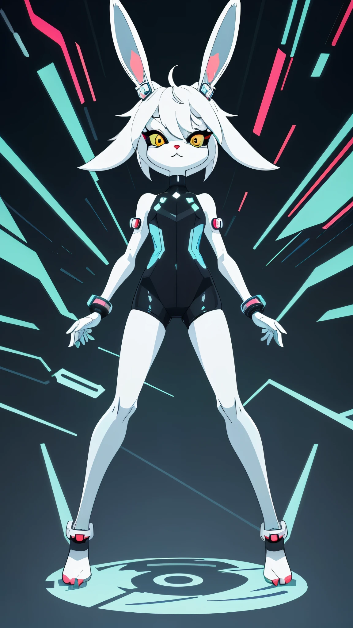 Cartoon animal design, flat style cute rabbit full body photo, simple but not lost sense of design, fresh flat style, cyberpunk elements are applied freely, the front view presents a charming cute posture, and the feet hang down in a cute posture