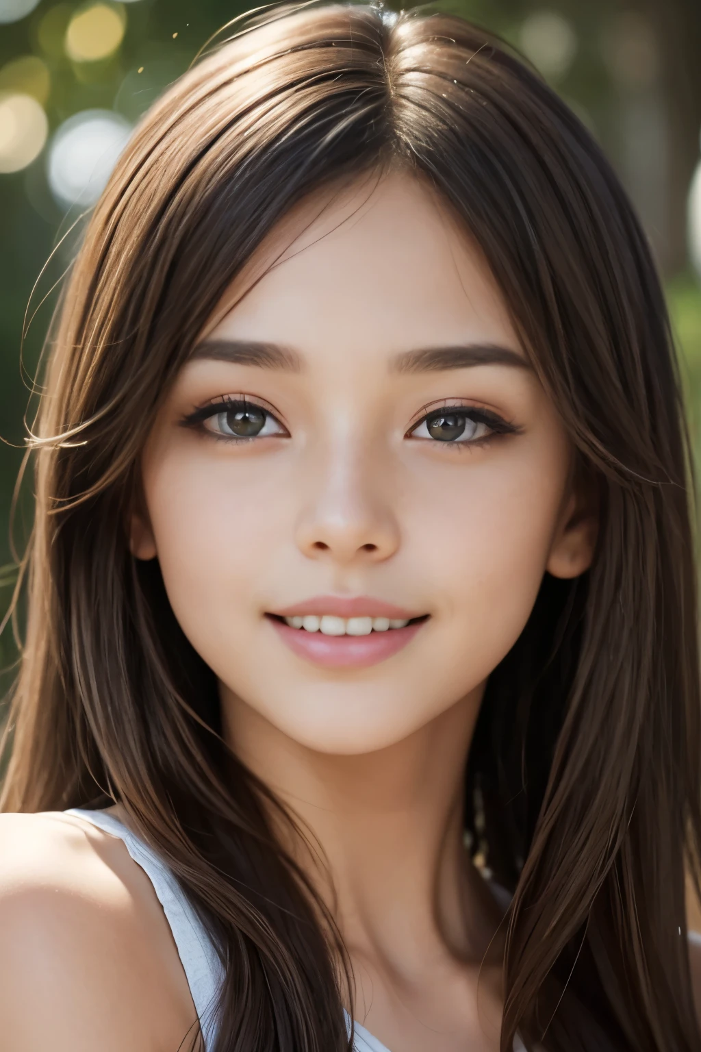 ultrarealistic long full face and body photorealistic image of a with a 18-year-old with a lovely face, featuring deep hazel eyes that captivate anyone who meets them. Her brown hair, adorned with lighter shades, gracefully falls onto her shoulders, framing her face with elegance. Full lips paint a smile. Her face is adorned with one or more moles, adding a touch of mystery and charm. Light freckles give a playful and natural air to her appearance, lending her an aura of freshness. Her beauty is a harmonious mix of unique and captivating features, making her irresistibly attractive. - Engage the viewer in the whimsical charm of a gaze purposefully avoiding direct eye contact with the camera, focusing towards the right. The subject, adorned with bold makeup, wears a captivating, slightly scowling expression while breaking into a delightful laughter. With eyes semi-closed and a playful pose, the moment in time becomes a blend of alluring mystery and genuine joy. high quality, highly deta