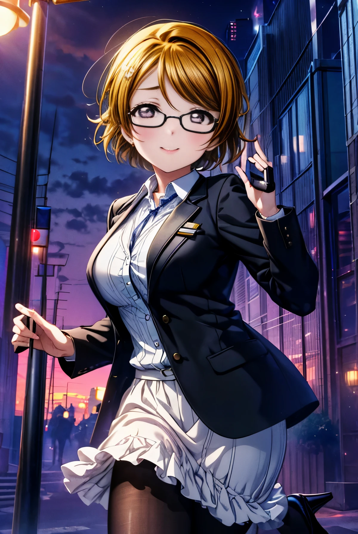 Hanayo Koizumi,Hanayo koizumi, brown hair,short hair,(purple eyes:1.5) (big breasts:1.2),smile,blush,Black Abyss glasses, end, black suit jacket, collared jacket, white dress shirt, collared shirt, neckline, button, strap, ID card on neck, black pencil skirt, black pantyhose, stiletto heels,evening,sunset,
break looking at viewer,
break outdoors, In town,building street,
break (masterpiece:1.2), highest quality, High resolution, unity 8k wallpaper, (figure:0.8), (detailed and beautiful eyes:1.6), highly detailed face, perfect lighting, Very detailed CG, (perfect hands, perfect anatomy),