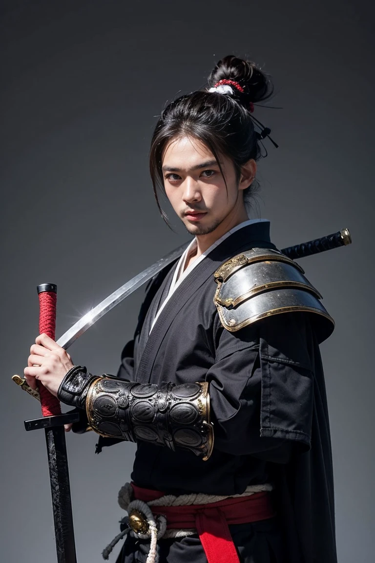A man wearing black samurai armor, holding a Japanese sword in his right hand