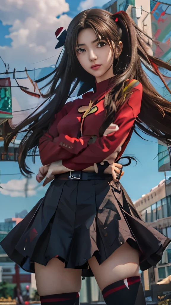 anime girl with long hair and a red shirt standing in front of a city, artgerm and atey ghailan, anime girl with long hair, ilya kuvshinov with long hair, rin tohsaka, digital anime art, anime moe artstyle, detailed digital anime art, anime styled digital art, anime style 4 k, clean detailed anime art