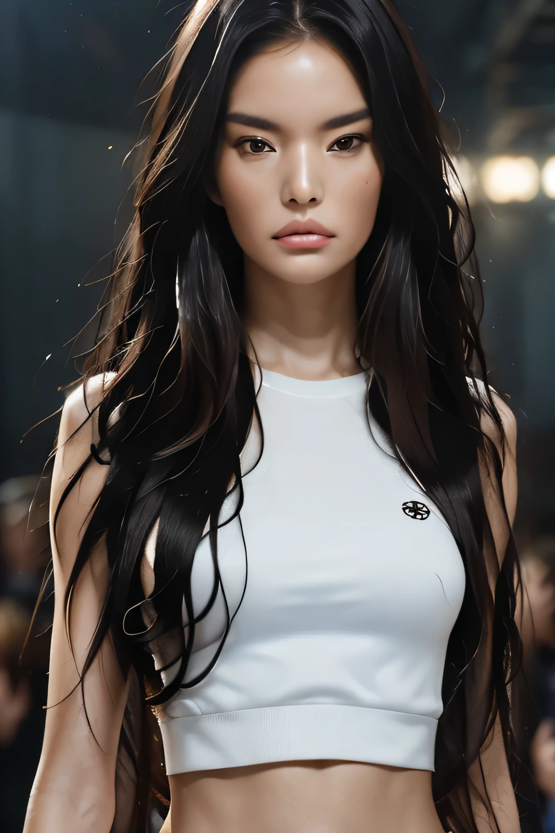 32K, (Best quality, photorealism: 1.4), (shiny skin), (8k wallpaper, A high resolution), Ideal Anatomy, cinematic lighting, physically based rendering, Award-winning, highly detailed skin, very detailed face, Eyes with beautiful details, Carl Zeiss 85 mm F/1.4, Very nice 20-year-old woman, (темные волнистые long hair), (long hair:1.3) Tory Burch fall-winter 2024-2025 collection show, A model walks down the catwalk looking beautiful, full length, ((full height:1,2))