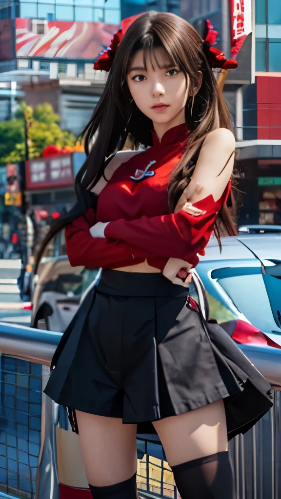 anime girl with long hair and a red shirt standing in front of a city, artgerm and atey ghailan, anime girl with long hair, ilya kuvshinov with long hair, rin tohsaka, digital anime art, anime moe artstyle, detailed digital anime art, anime styled digital art, anime style 4 k, clean detailed anime art