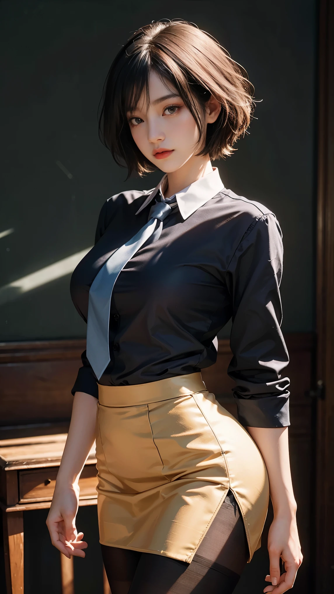 Full body image, Persona 4 Yumi Ozawa, black medium hair, narrow face, Narrow Eyes, Double eyelids, Wearing a black plaid skirt, black shirt, black shoes, white knee high stockings, Looking at Viewer, (Detailed Face), sitting (sitting 1.4), Bust, Long Legs, Thin Waist, Buttocks, Ultra Fine Makeup, ultra fine clothes, beautiful attractive woman, highly detailed, (Realistic lighting, Top Quality, 8K, Masterpiece: 1.3)),(High Resolution), (8K), (Very Detailed), (Best Quality), (Ultra Detailed), (Masterpiece), ultra high resolution, (photorealism: 1.4)