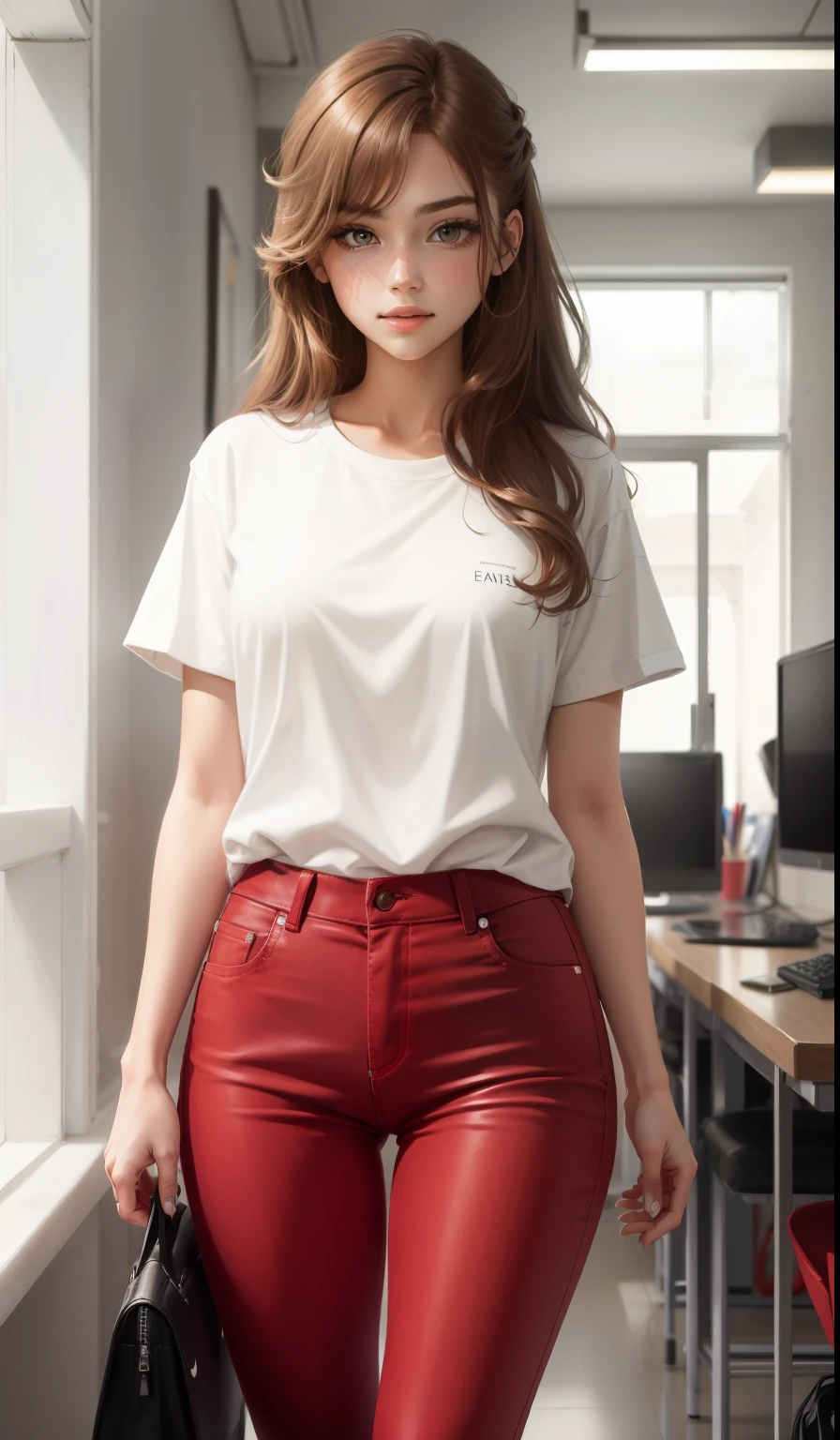 a woman in a white shirt and red pants is playing video game, simple style, Wear elegant casual clothing, muted red, simple clothes, milk and red style, casual clothing style, modern fashion clothing, Dressed as a fisherman , casual modern clothing, inspo, red clothes, red pants, neutral tones, red and white color scheme, casual business outfit, cute face, Nike shoes, , adult face, long hair, ((dark auburn hair)) and sparkling gray eyes.