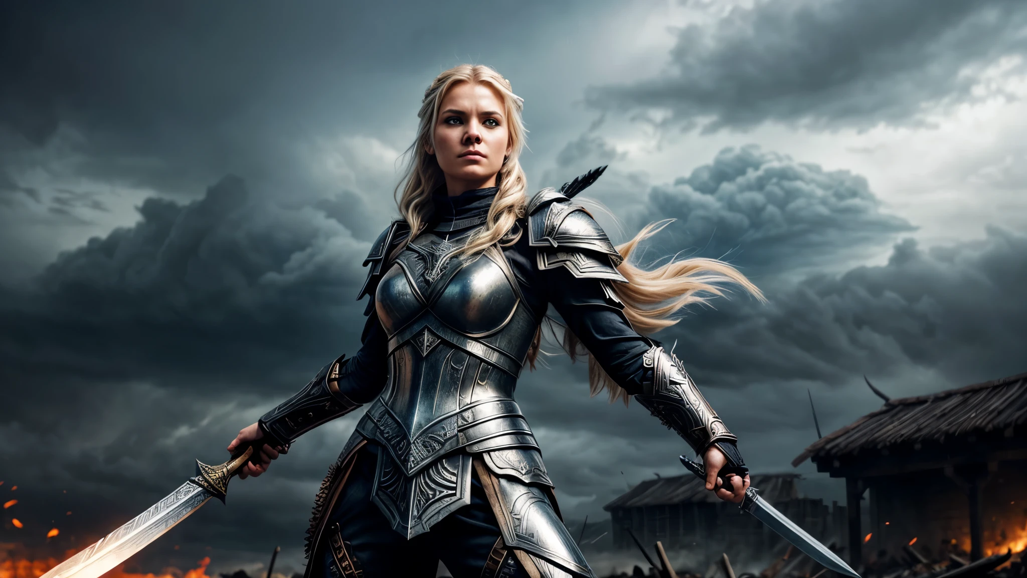 Generate an image featuring a powerful Valkyrie warrior in battle-ready armor, standing amidst the aftermath of a fierce conflict. The Valkyrie is depicted as a formidable figure with flowing blonde hair and piercing blue eyes, exuding strength and determination. She wears intricately crafted armor adorned with Nordic symbols and motifs, reflecting her divine heritage. In one hand, she wields a gleaming sword, its blade shimmering with otherworldly energy, while in the other hand, she holds a radiant shield emblazoned with the emblem of Odin, the Allfather. Behind her, storm clouds gather in the sky, echoing the Valkyrie's connection to the realm of the gods and the power of thunder and lightning. The battlefield is strewn with fallen warriors and broken weapons, a testament to the Valkyrie's role as chooser of the slain and guide to the afterlife. Despite the carnage surrounding her, the Valkyrie stands tall and resolute, ready to fulfill her sacred duty with honor and valor