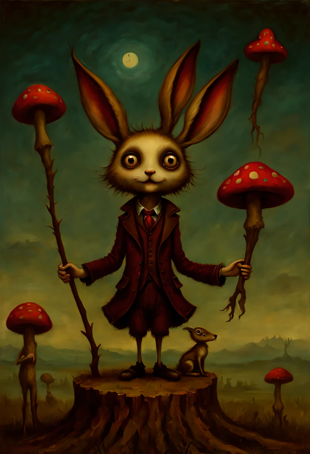 A psychedelic painting in the style of Esau Andrews and 
Tim Burton, a very thin and long cartoon hare with thin legs and arms sits on a high stump at the top, the hare knocks on the drum, long black ears, the hare has (big) round (Blue eyes) I look at the viewer, light blue fur, fur shown in detail, red anthropomorphic mushrooms with legs and they look at the hare in surprise, style (Esau Andrews:1.555), (Mark Ryden: 1.5155), (Xue Wang: 1.1155), (Tim Burton:1.4455), surreal oil painting, author: Do it, Southern Gothic, artistic style, This is brick art, magical realism painting, pastel shades, sharp lines, small parts, described in detail, Swirling patterns, Abstract shapes, surreal, Trippy