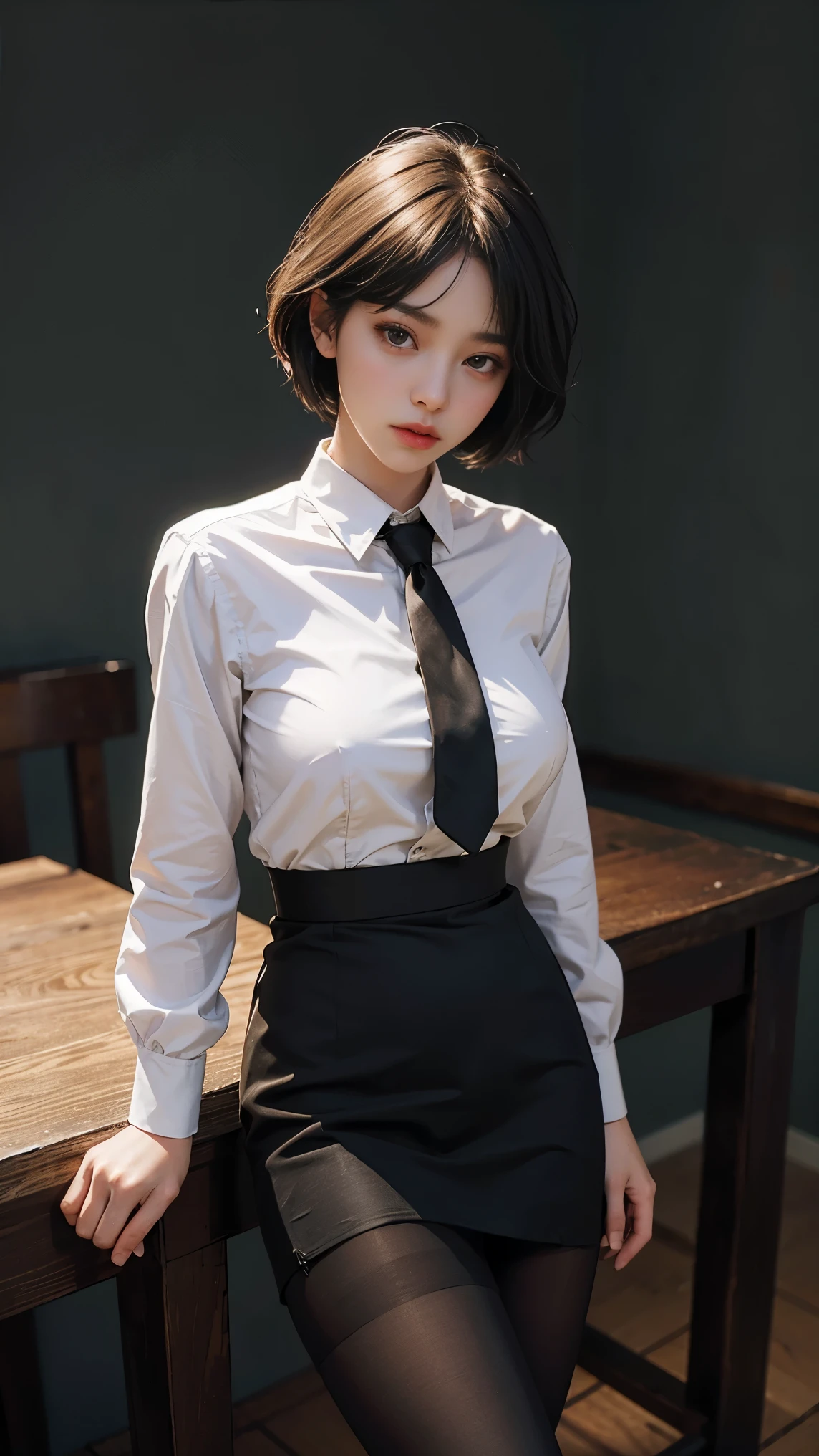 1girl,young girl, shiny skin,big breasts,nice leg line:1.3, thin waist,school uniform, thighhighs,necktie,((pencil skirt)),looking at viewer,from below,full body, ( pantyhose:1.3),(The golden ratio figure),
masterpiece, best quality, best perspective, ultra-detailed and intricate, extremely delicate and beautiful, best quality light, (ray tracing:1.1), anti-aliasing,
realistic,photorealistic,award-winning illustration,(intricate details:1.2),(delicate detailed) (intricate details),(cinematic light,best quality Backlights),clear line,sharp focus,official art,unity 8k wallpaper,absurdres,incredibly absurdres,huge filesize,ultra-detailed,highres,extremely detailed extremely delicate and beautiful,RAW photo, professional lighting,dynamic lighting,light on the face,depthoffield,solofocus,cool beauty,tall woman,black hair,short cut hair,Precisely expresses details such as face and skin texture,beautiful eye,double eyelid,delicate skin,slender body shape,alone,