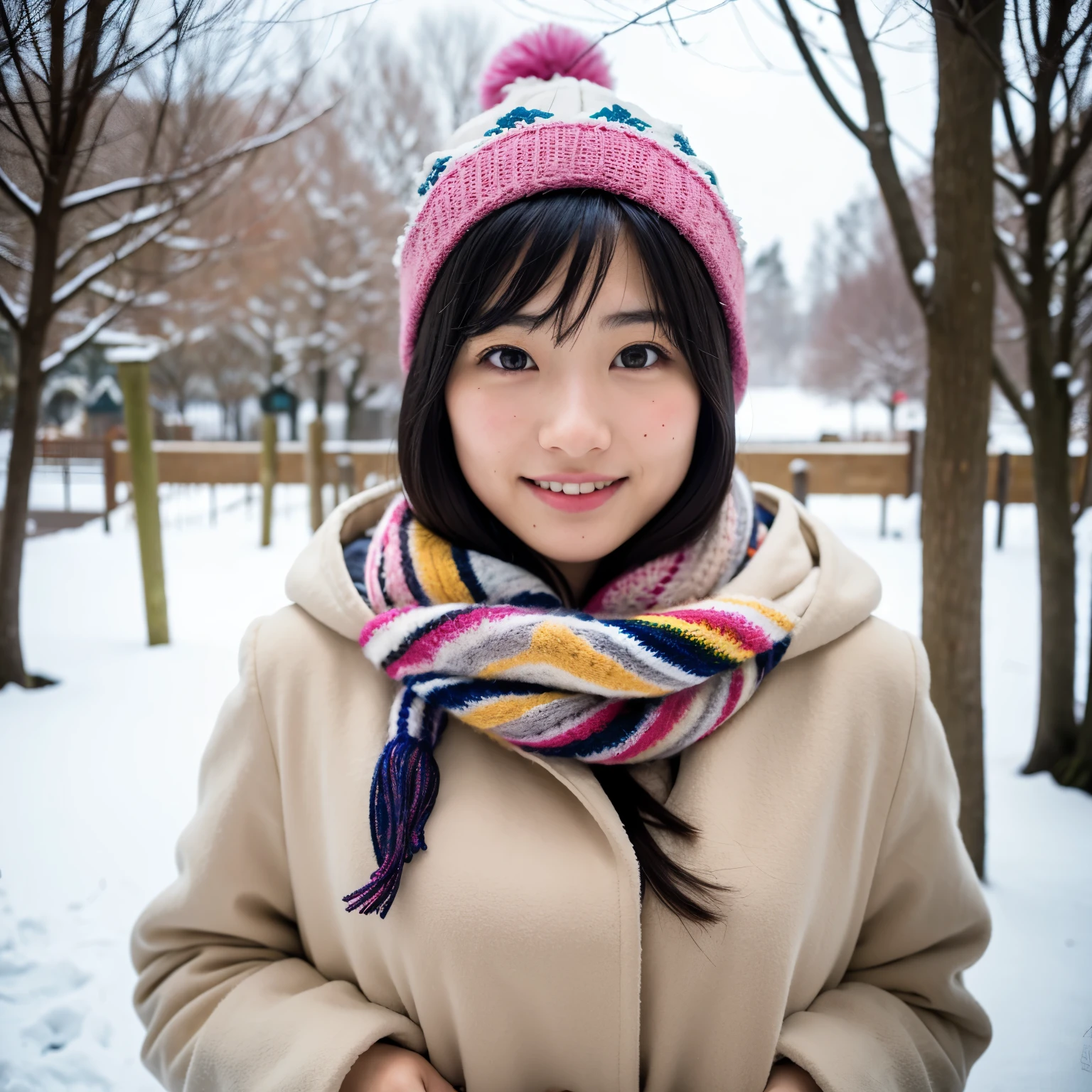A Japanese girl building a large snowman in a snowy park. Trees and the ground are covered in thick snow and children are playing in the background surrounded by snow. She is wearing a colorful scarf and a winter hat,literature female student,20-year-old,short hair to neck,light pink lipstick,
Self-shooting,Are standing,whole body,dirty room,mirror over,Home,
(masterpiece:1.3),(8k, realistic, RAW photo, highest quality:1.4),Japanese,(1 girl),（glasses),beautiful face,(realistic face),(black hair, short hair:1.3),beautiful hairstyle,realistic eyes,detailed and beautiful eyes,(realistic skin),beautiful skin,Charm,ultra high resolution,surreal,very detailed,golden ratio,detailed face,big breasts,（shy smile）,winter cloth,(coat, Scarf, knit hat),