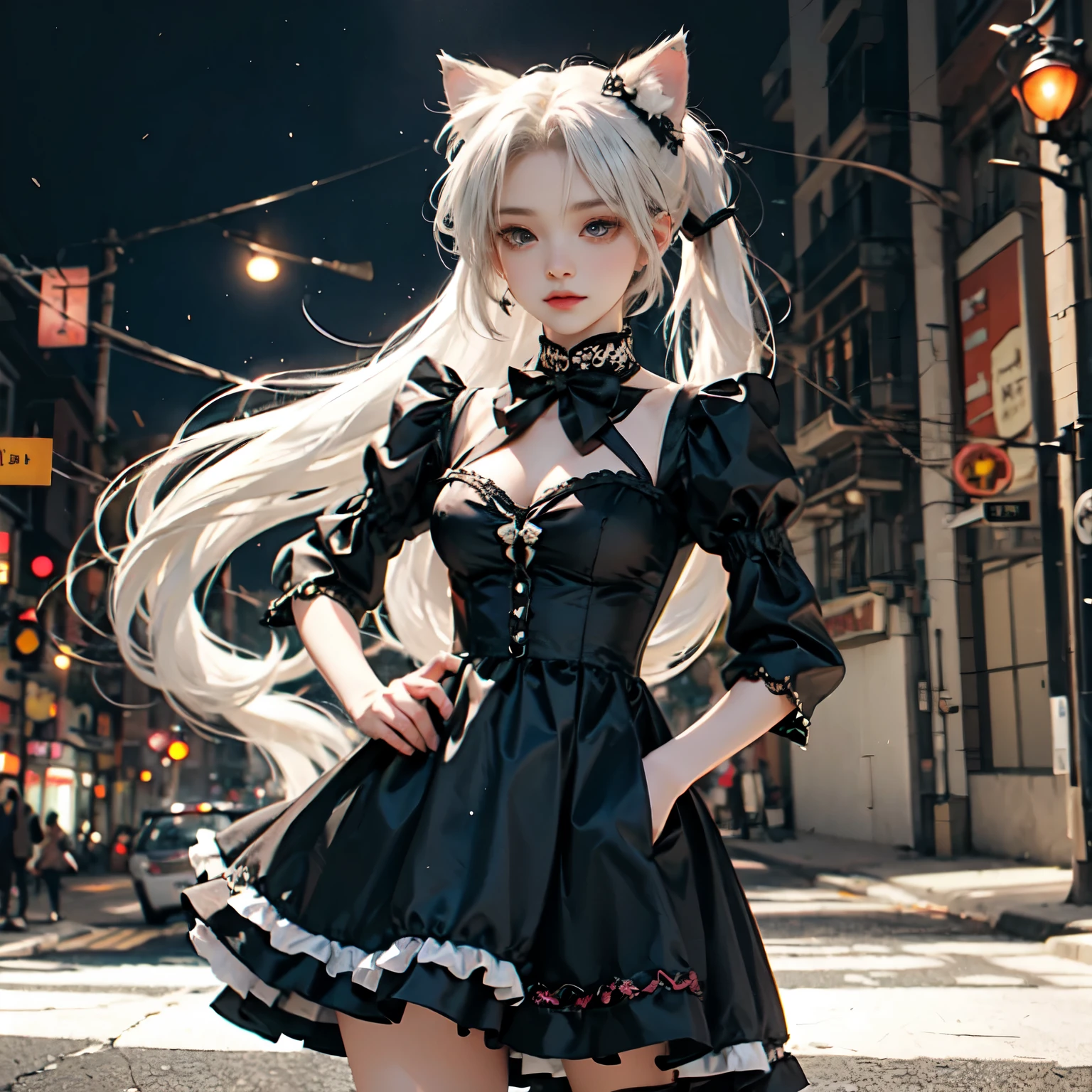 double ponytail，double ponytail，Black ta dress，Cat ear，lolite hair，standing posture，animation