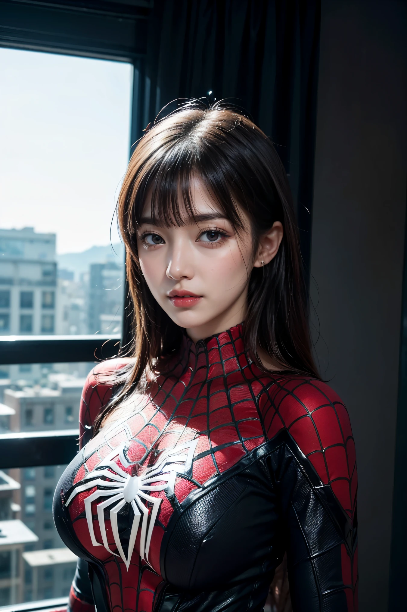 1 Girl, Very bright backlight, Solo, {beautiful-detailed eyes}, large full breasts, default black background, calm expression, Natural light and soft light, Hair fluttering in the breeze, delicate facial features, Blunt bangs, beautiful Korean girl, Eye Smile, Very small earrings,(Wearing Spider-Man's suit. It has a red and black scheme of spider design, A glimpse of the valley :1.3) ,23 years old, film grain, Real hands,shy smile,sexy poses, ultra detail, detail, more detail