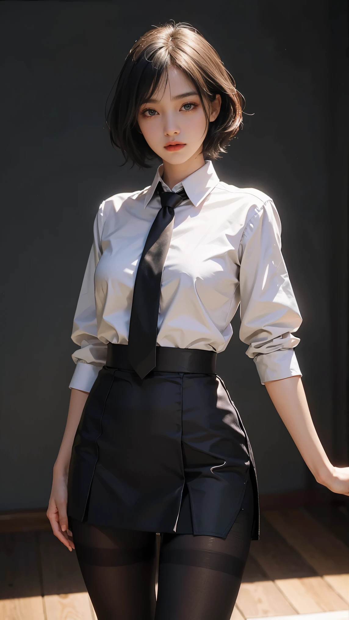 1girl,young girl, shiny skin,small breasts,nice leg line:1.3, thin waist,school uniform, thighhighs,necktie,((pencil skirt)),looking at viewer,from below,full body, ( pantyhose:1.3),(The golden ratio figure),
masterpiece, best quality, best perspective, ultra-detailed and intricate, extremely delicate and beautiful, best quality light, (ray tracing:1.1), anti-aliasing,
realistic,photorealistic,award-winning illustration,(intricate details:1.2),(delicate detailed) (intricate details),(cinematic light,best quality Backlights),clear line,sharp focus,official art,unity 8k wallpaper,absurdres,incredibly absurdres,huge filesize,ultra-detailed,highres,extremely detailed extremely delicate and beautiful,RAW photo, professional lighting,dynamic lighting,light on the face,depthoffield,solofocus,cool beauty,tall woman,black hair,short cut hair,Precisely expresses details such as face and skin texture,beautiful eye,double eyelid,delicate skin,slender body shape,alone,