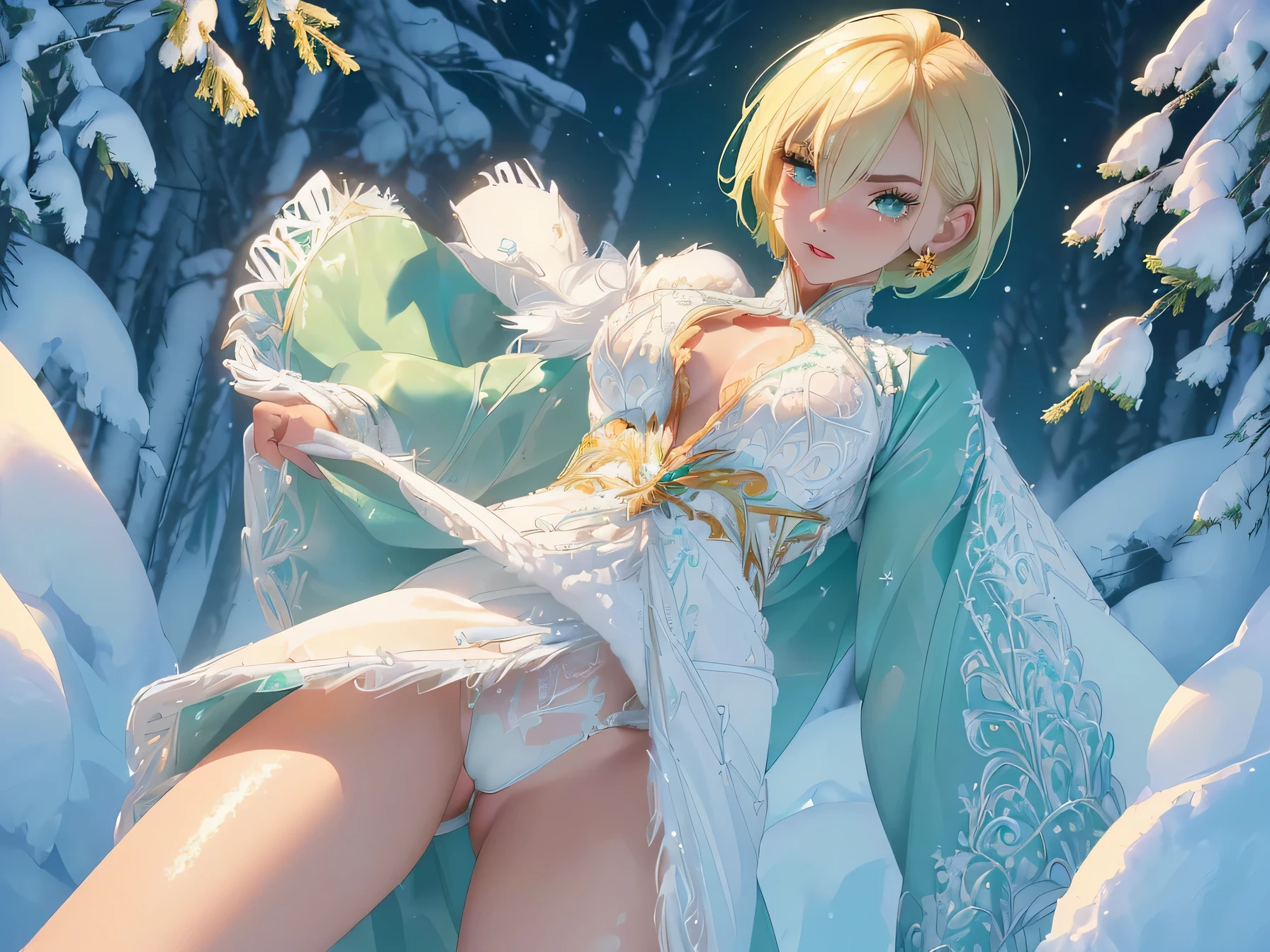 cute elf,((anime elf with extremely cute and beautiful blond hair)),((((blond hair:1.35,undercut blond hair,short hair,colored inner hair,ear breathing)))),(((green_eyes:1.3))),intricate eyes,beautiful detailed eyes,symmetrical eyes,big eyes:1.5,enchanting bright eyes studded with gold and silver dust,(((pinky skin,glowing_skin,lustrous skin:1.5,bright skin: 1.5,skin tanned,shiny skin,very shiny skin,shiny body,plastic glitter skin,exaggerated shiny skin,illuminated skin))),upward breasts,(detailed body,(detailed face)),cute,daring,zettai ryouiki,show skin,best relationship with four fingers and one thumb,((girl trembling with sexual climax))
Break (((aqua fur coat, aqua fur coat outfit, wearing a ice dress:1.3,aqua winter coat))), ((ice dress,elegant ice dress)),(white gloves,white clothes,(((intricate outfit,intricate clothes,embroidered outfit,ornate outfit,embroidered clothes,ornate clothes))),(dynamic pose:1.0),embarrassed,(centered,scale to fit dimensions,Rule of thirds),((snowy pine forest)),winter,scenery:1.25,((intricate scenery)),((snow forest background)),(Glossy winter ornaments),highres,sharp focus,(ultra detailed,extremely detailed),(photorealistic artwork:1.37),(extremely detailed CG unity 8k wallpaper),(((vibrant colors,vibrant theme))),(intricate),full body,(perfect body),standing,One woman.Forehead. Bob cut. Plain appearance. Talented. She is studying well. she is angry Wrinkles between the eyebrows. naked. Creampie. pubic hair. Semen is overflowing from her vaginal opening. Her pussy is being opened with both of her hands. Spread your legs. Raising her legs.