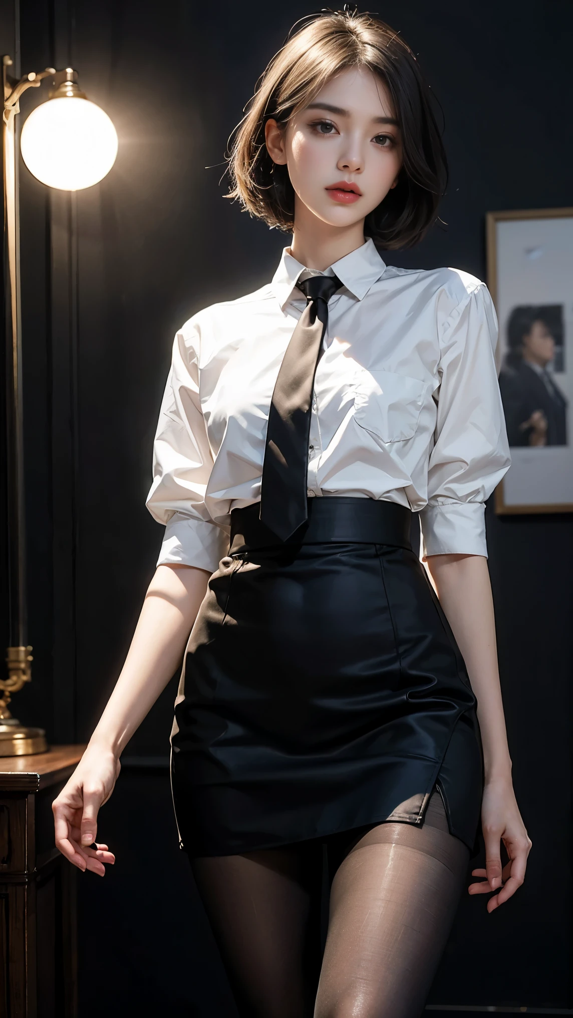 1girl,young girl, shiny skin,small breasts,nice leg line:1.3, thin waist,school uniform, thighhighs,necktie,((pencil skirt)),looking at viewer,from below,full body, ( pantyhose:1.3),(The golden ratio figure),
masterpiece, best quality, best perspective, ultra-detailed and intricate, extremely delicate and beautiful, best quality light, (ray tracing:1.1), anti-aliasing,
realistic,photorealistic,award-winning illustration,(intricate details:1.2),(delicate detailed) (intricate details),(cinematic light,best quality Backlights),clear line,sharp focus,official art,unity 8k wallpaper,absurdres,incredibly absurdres,huge filesize,ultra-detailed,highres,extremely detailed extremely delicate and beautiful,RAW photo, professional lighting,dynamic lighting,light on the face,depthoffield,solofocus,cool beauty,tall woman,black hair,short cut hair,Precisely expresses details such as face and skin texture,beautiful eye,double eyelid,delicate skin,slender body shape,alone,