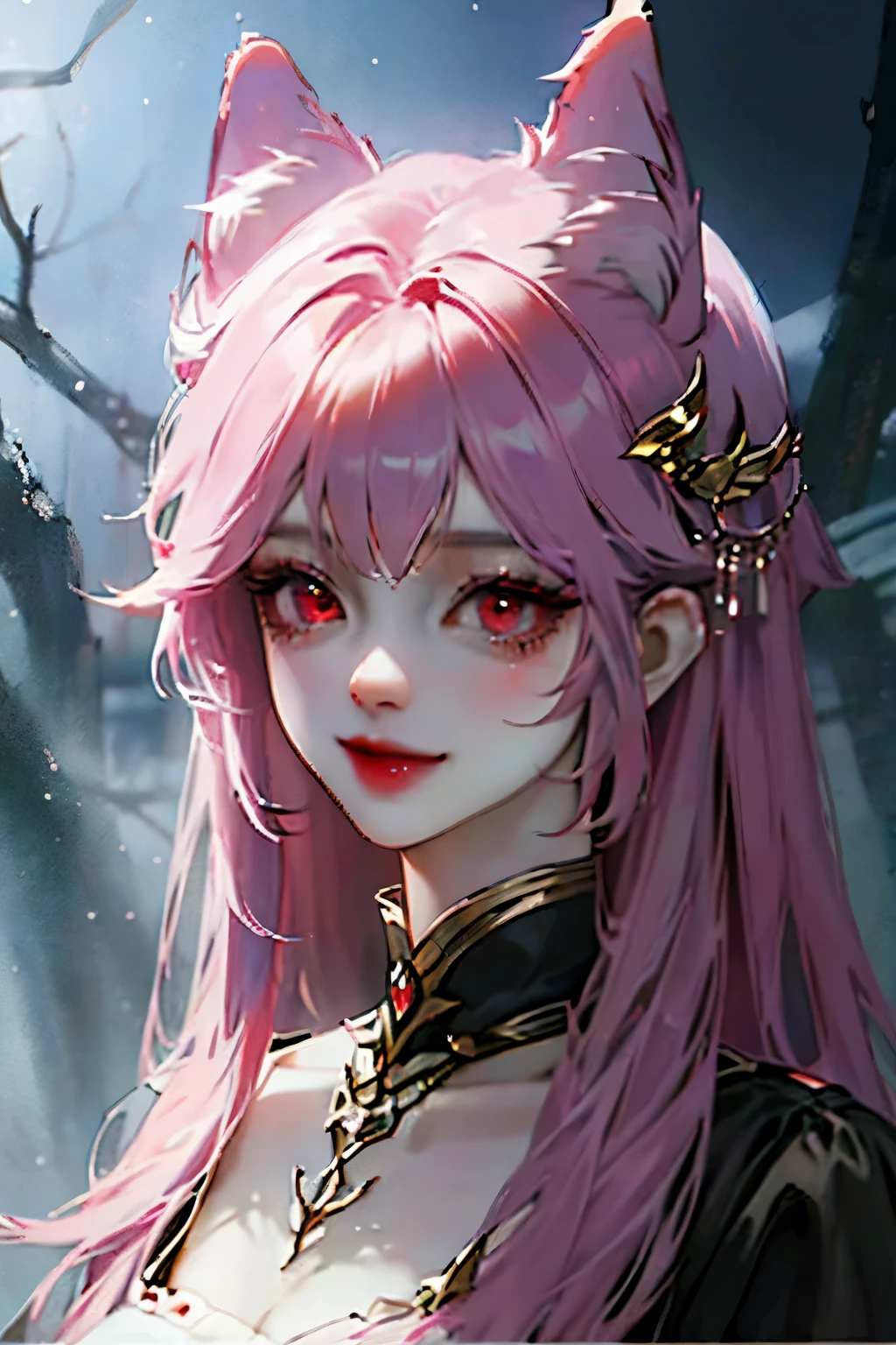 Draw a cute vampire girl with pink hair and cat ears。she has clear white skin、It has deep red eyes。Gives off an elegant and mysterious atmosphere、She has a cute vampire-like smile.。With bangs。Please draw her wearing a high necklace and a gothic dress.。The background is a night atmosphere、The shadow brings out her ephemeral charm.。