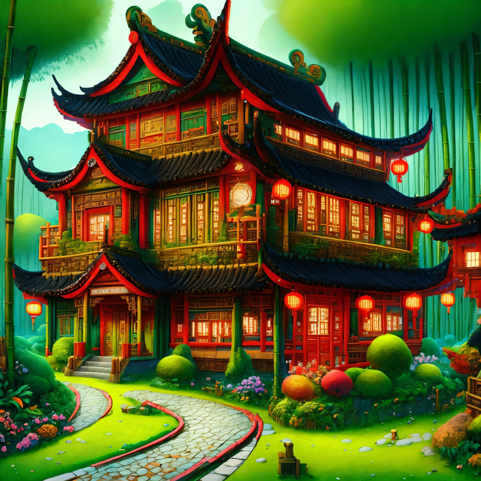 ancient Chinese house，bright colors，traditional building，bamboo forest，Black tile roof，Flower path