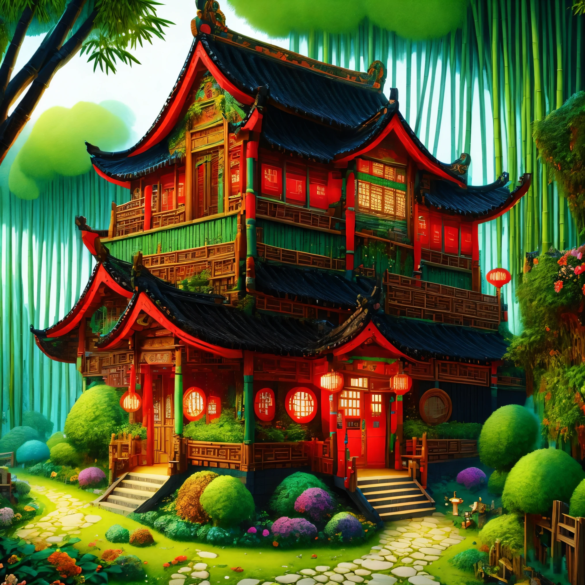 ancient Chinese house，bright colors，traditional building，bamboo forest，Black tile roof，Flower path