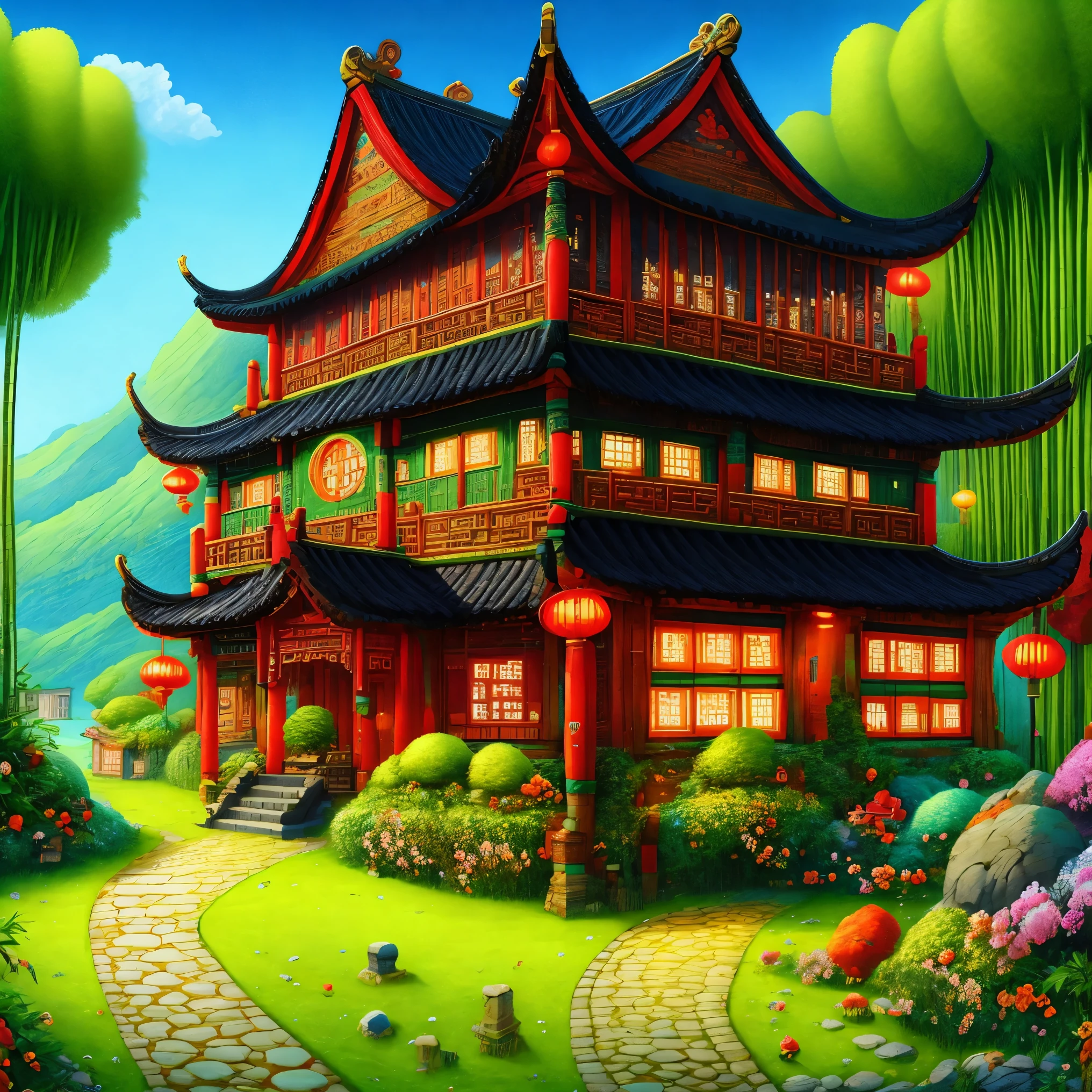 ancient Chinese house，bright colors，traditional building，lake ，Black tile roof，Flower path