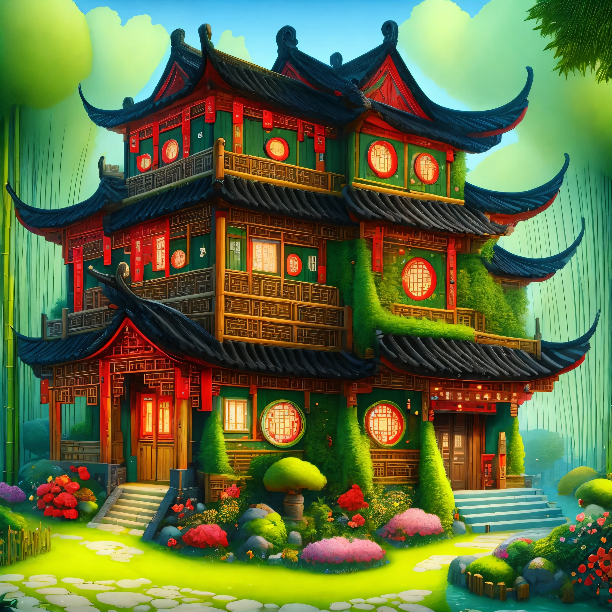 ancient Chinese house，bright colors，traditional building，lake ，Black tile roof，Flower path