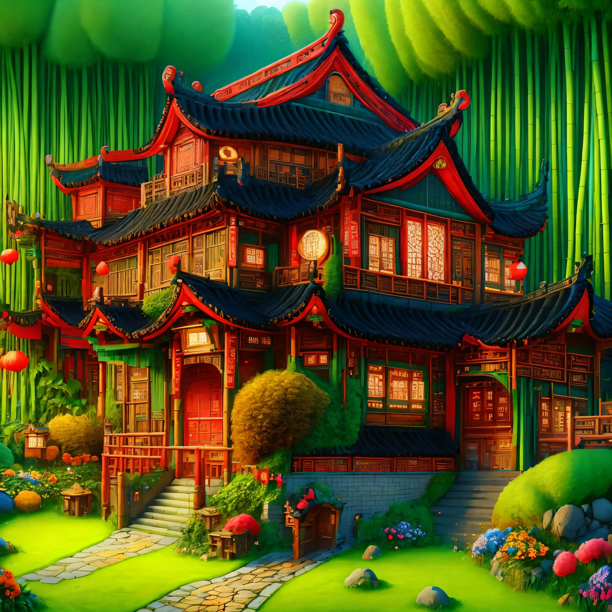 ancient Chinese house，bright colors，traditional building，lake ，Black tile roof，Flower path