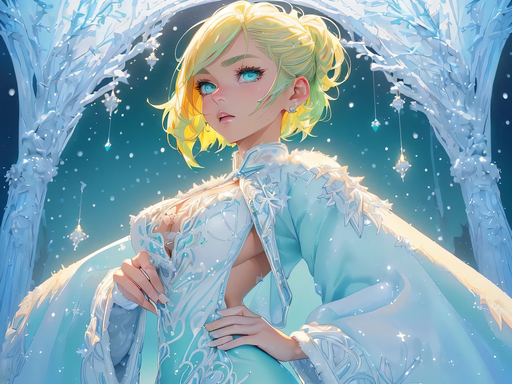 cute elf,((anime elf with extremely cute and beautiful blond hair)),((((blond hair:1.35,undercut blond hair,short hair,colored inner hair,ear breathing)))),(((green_eyes:1.3))),intricate eyes,beautiful detailed eyes,symmetrical eyes,big eyes:1.5,enchanting bright eyes studded with gold and silver dust,(((pinky skin,glowing_skin,lustrous skin:1.5,bright skin: 1.5,skin tanned,shiny skin,very shiny skin,shiny body,plastic glitter skin,exaggerated shiny skin,illuminated skin))),upward breasts,(detailed body,(detailed face)),cute,daring,zettai ryouiki,show skin,best relationship with four fingers and one thumb,((girl trembling with sexual climax))
Break (((aqua fur coat, aqua fur coat outfit, wearing a ice dress:1.3,aqua winter coat))), ((ice dress,elegant ice dress)),(white gloves,white clothes,(((intricate outfit,intricate clothes,embroidered outfit,ornate outfit,embroidered clothes,ornate clothes))),(dynamic pose:1.0),embarrassed,(centered,scale to fit dimensions,Rule of thirds),((snowy pine forest)),winter,scenery:1.25,((intricate scenery)),((snow forest background)),(Glossy winter ornaments),highres,sharp focus,(ultra detailed,extremely detailed),(photorealistic artwork:1.37),(extremely detailed CG unity 8k wallpaper),(((vibrant colors,vibrant theme))),(intricate),full body,(perfect body),standing,
serious expression, speedy punch, outdoors,(((It's torn and her genitals are visible))).torn clothes,broken clothes,((open legs)), ((((spread legs)))),(((opened her female privates:1.4))),(((wide opened female privates,fingers:1.2))),(((embarrassment stuck to the flesh wall of her female privates:1.2))),(((opened female privates:1.2))),(((kupaa:1.2))),((perfect pussy)), ((detailed pussy)),((spread pussy)),nude,naked,bottomless,topless,(embarrassed),blush stickers,Garter Belt,Bare shoulders,Beautiful breasts,Full body,(Perfect body),((Check out our thru-rack chokers and midi rings with chains,pale skin,Faint lips,embarrassed,Open mouth