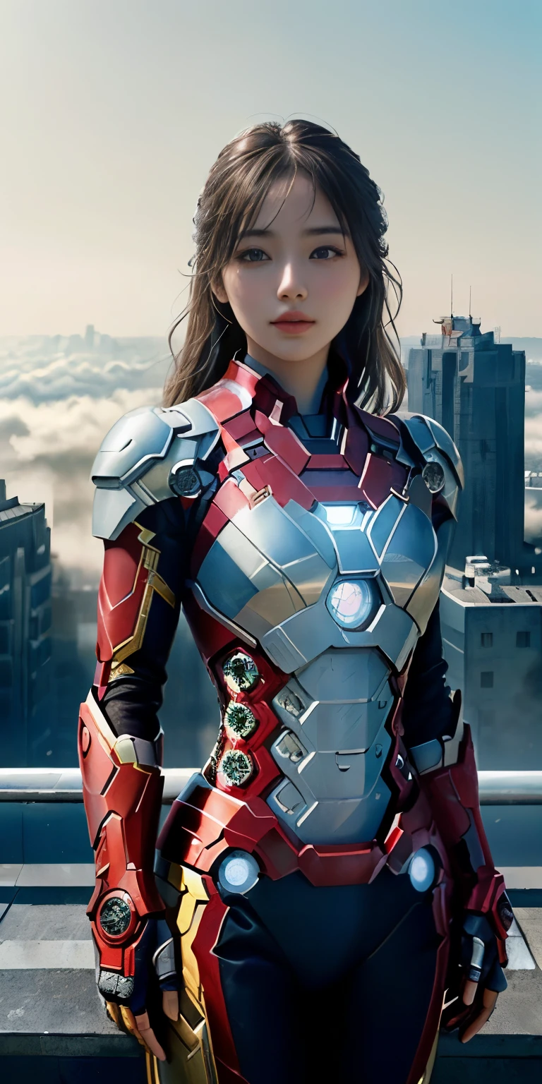 (1 girl:1.3), alone, (((Very Detailed face)))), ((The eyes and face are very detailed)))), beautiful细节眼睛, body parts__, official art, unified 8k wallpaper, super detailed, beautiful and beautiful, beautiful, masterpiece, best quality, The original, masterpiece, Super detailed photos, best quality, ultra high resolution, realism, Sunlight, full body portrait, amazing beauty, dynamic poses, delicate face, vibrant eyes, (from the front), She&#39;s wearing an Iron Man suit, red and black color scheme, , 非常详细的城市roof背景, roof, overlooking the city, Detailed face, Detailed complex busy background, messy, Gorgeous, milky, highly refined skin, Realistic skin details, Visible pores, clear focus, volumetric fog, 8K Ultra HD, SLR camera, high quality, film grain, White skin, photorealism, Photography, Future dystopian metropolis, translucent