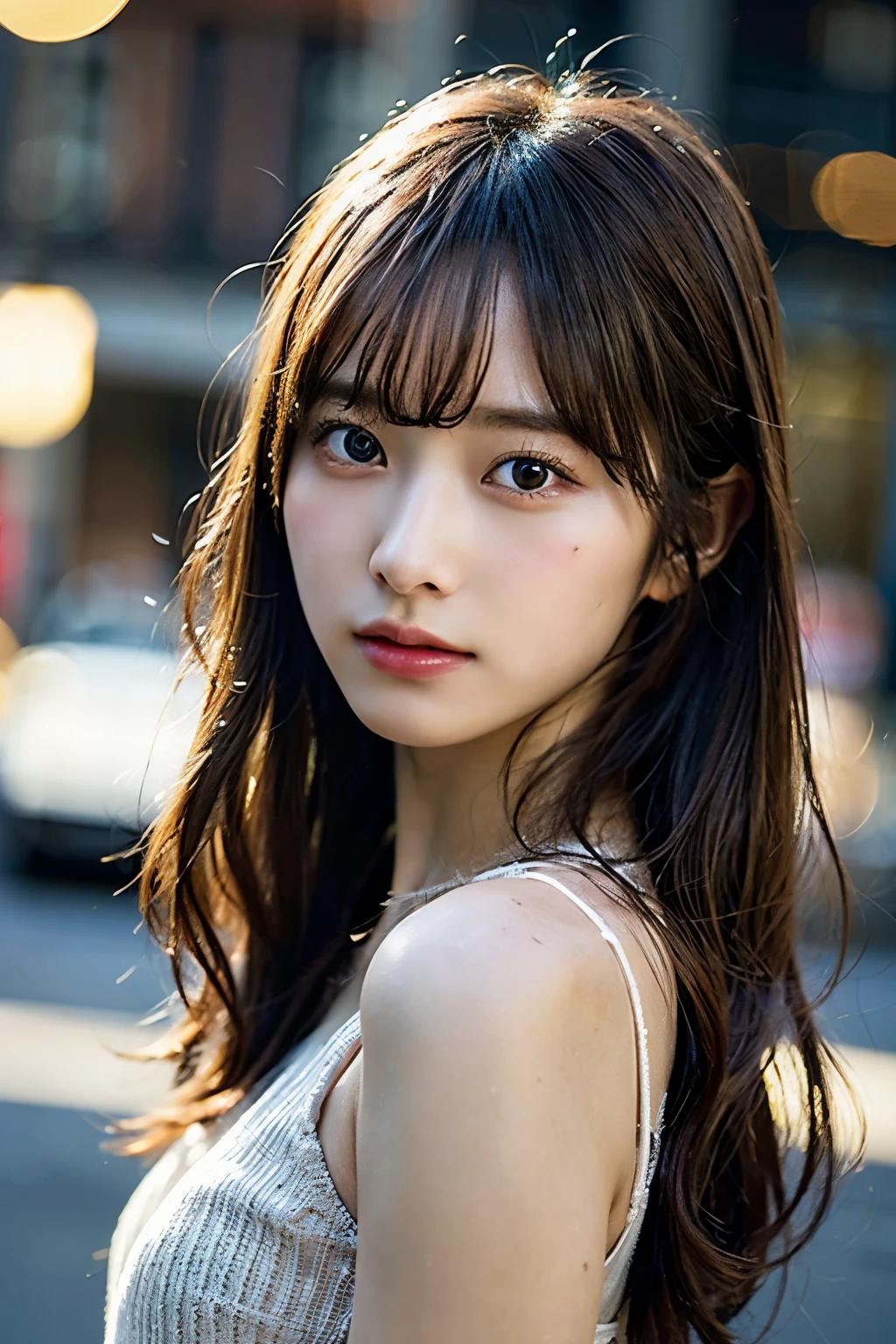 (masterpiece, highest quality:1.2), RAW photo, (realistic, photorealistic:1.2), (8k, High resolution, super detailed:1.3), 1 girl, perfect anatomy, (focus on the face, looking at the viewer), (20 years old Korean beauty, K-POPアイドル), (realistic detailed eyebrows, realistic beautiful brown eyes, realistic glossy skin, realistic detailed beautiful handsome face:1.2), (thin, small breasts), (realistic cinematic lighting, detailed shadowing:1.2)