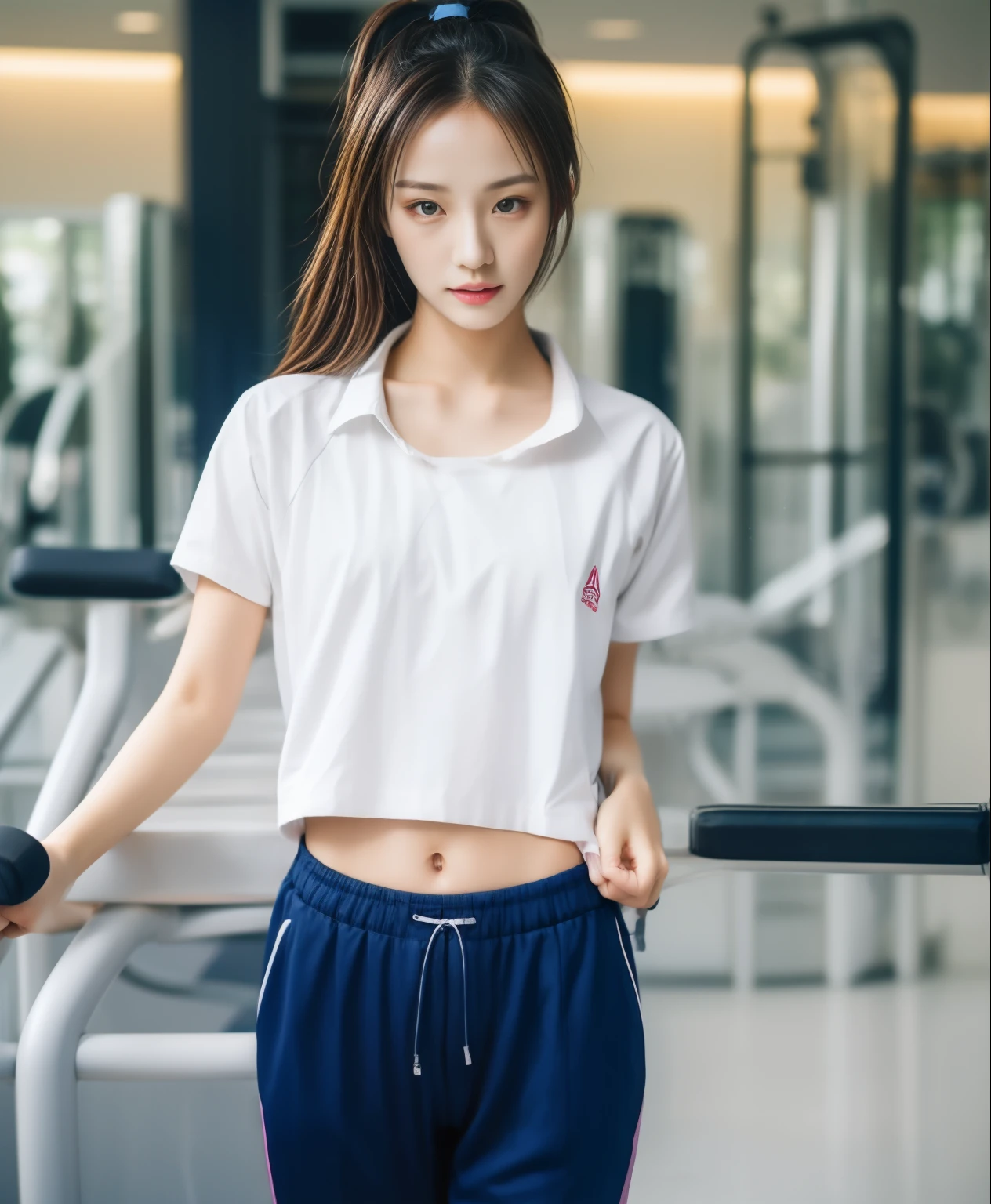 3 girls in fitness center, Blue short sleeve shirt,Sweatpantsขายาวสีกรมท่า,Sweatpants, Sweatpantsขายาว,25 year old girl, lesbian, sexy, exercise clothes, wet body, exercise clothes