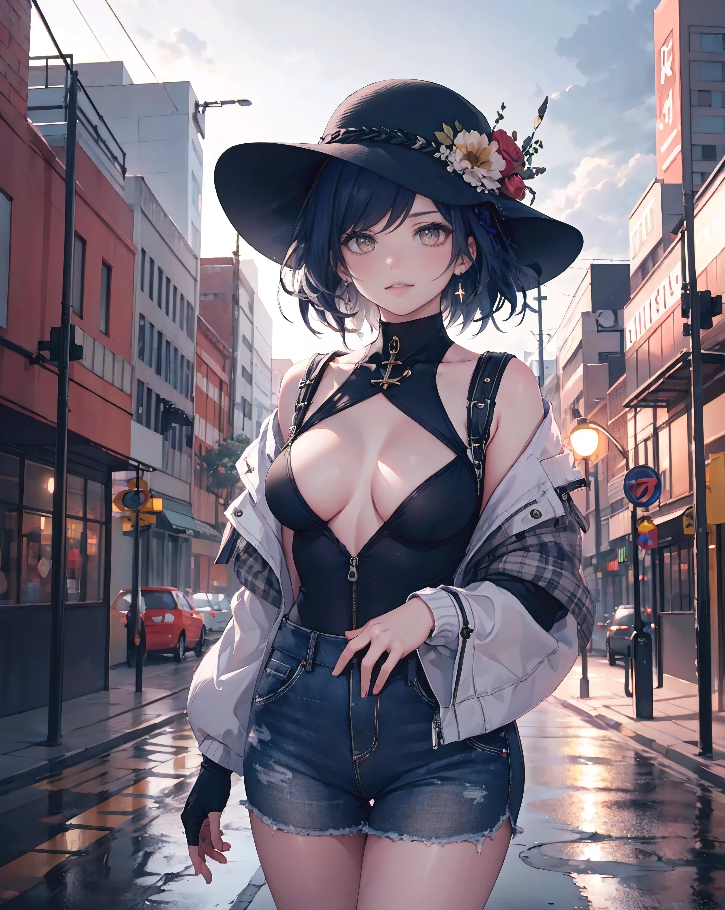 (best quality,4k,height:1.2),Portrait,Beautifully detailed eyes, yellow eyes
, Beautifully detailed lips,girl,have a hat,wide chest,outdoor,road,building,cowboy boots,illustration,very detailed,realistic,bright colors,Warm colors,sunlight,morning glow,soft shadow,city scenery,Retro atmosphere,Characteristic architecture,Cozy atmosphere,Bokeh lights,road artist inspiration,Impressive depth,Professional masterpiece,Sharp focus