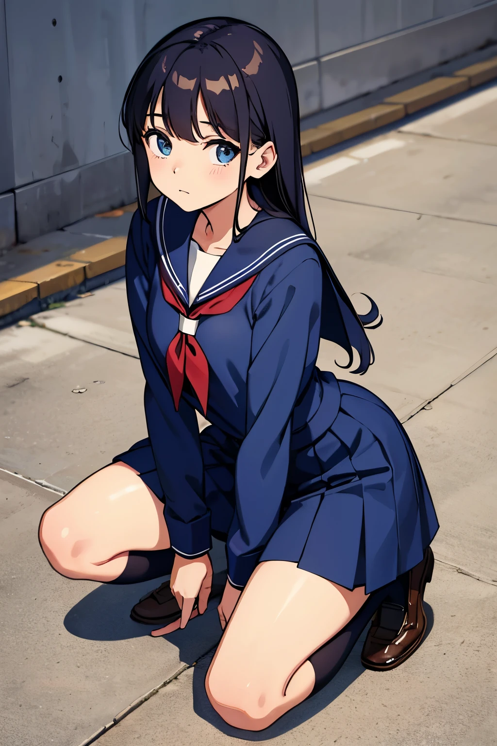 Wearing school uniforms,Sailor suit,blue clothes,Kneeling on the ground,Wearing brown leather shoes,whole body,blank background