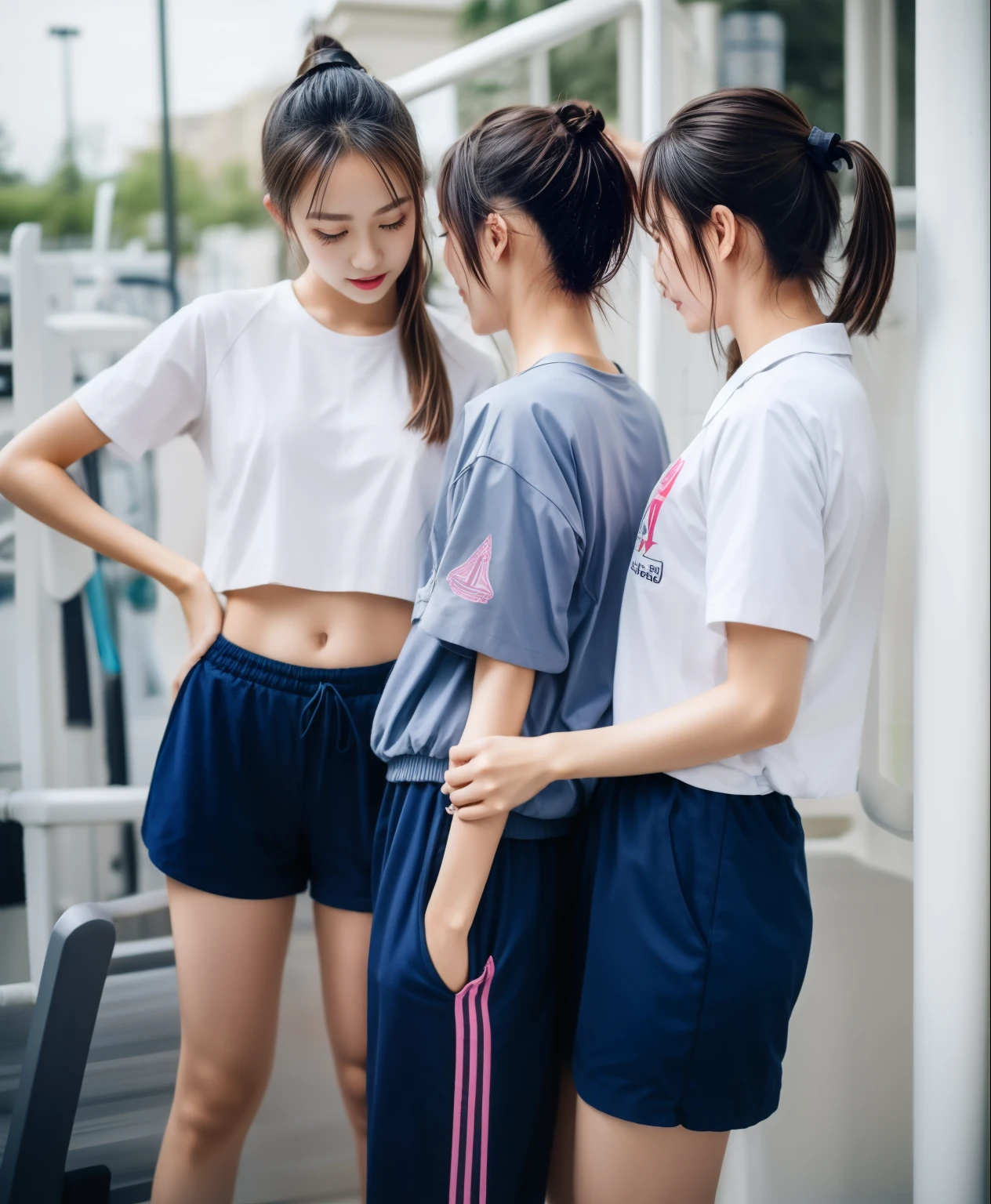 3 girls in fitness center, Blue short sleeve shirt,Sweatpantsขายาวสีกรมท่า,Sweatpants, Sweatpantsขายาว,25 year old girl, lesbian, sexy, exercise clothes, wet body, exercise clothes