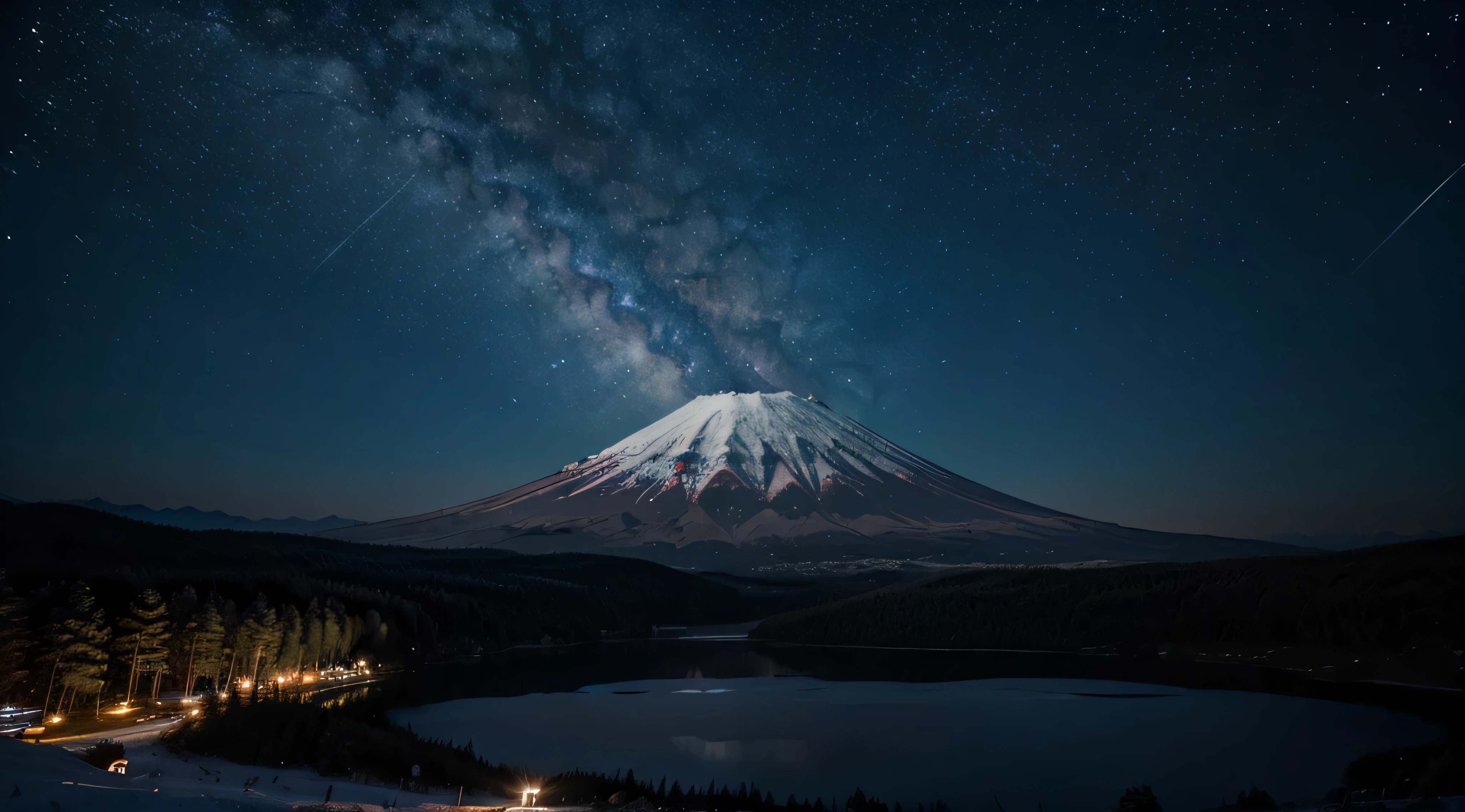 Make a full moon with bright stars and galaxys on top of mount fuji at a dark night in the middle of a forrest with a lake