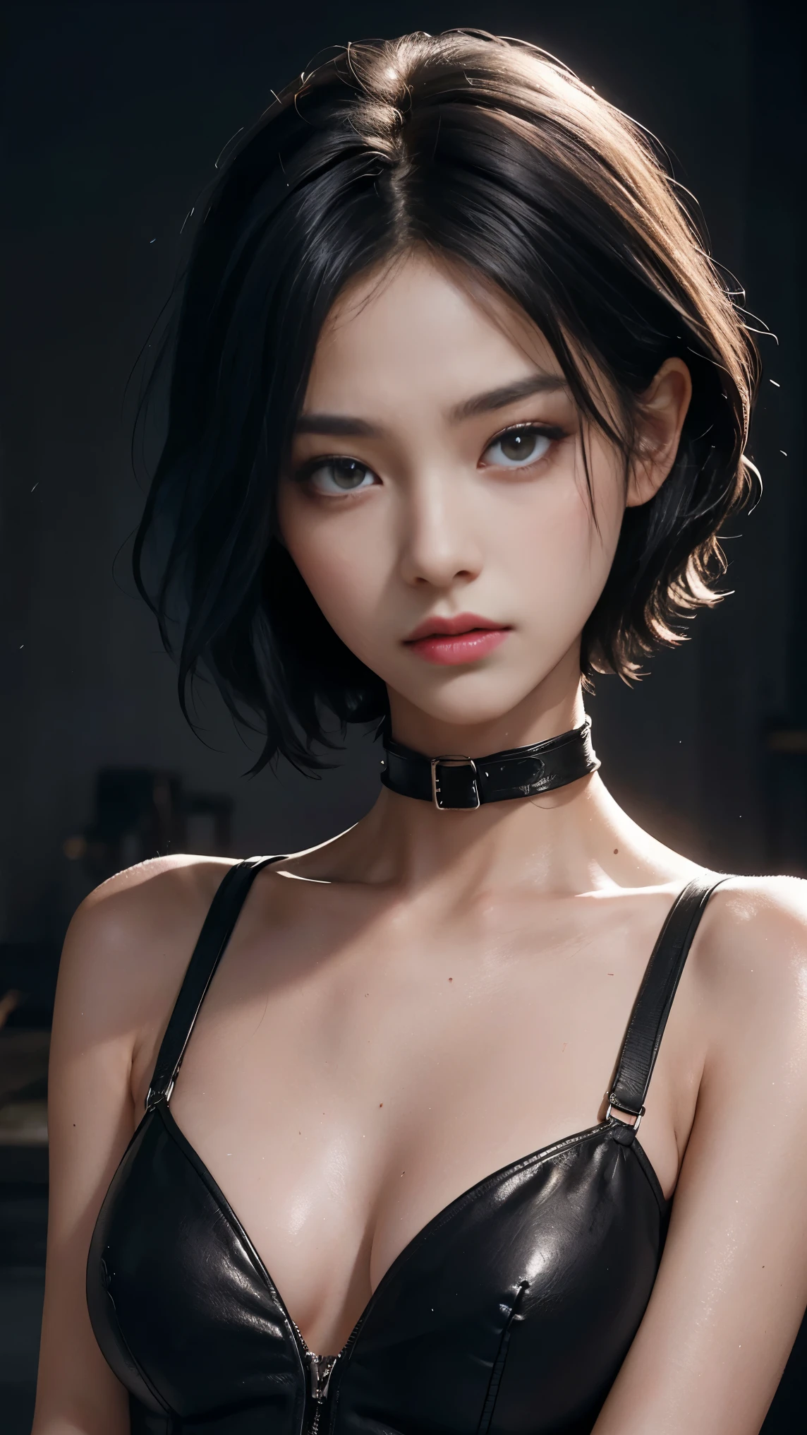 25 years old woman,Angry Face, BDSM,slave,Rubber,Black Corset,Bondage,Collar,NSFW,((Best Quality, 8k, Masterpiece:1.3))), Crisp Focus: 1.2、(Layer Cut, Big:1.2),Beautiful Woman with Perfect Figure: 1.4、Slender Abs:1.2、Wet Body:1.5、Highly Detailed Face and Skin Texture、Detailed Eyes、 DSLR, high quality, film grain, fair skin, photo realism,translucent,cool beauty,tall girl,short hair,Black hair,Precisely expresses details such as face and skin texture,beautiful eye, double eyelid,delicate skin,slender body shape,alone,small breasts,whole body ,