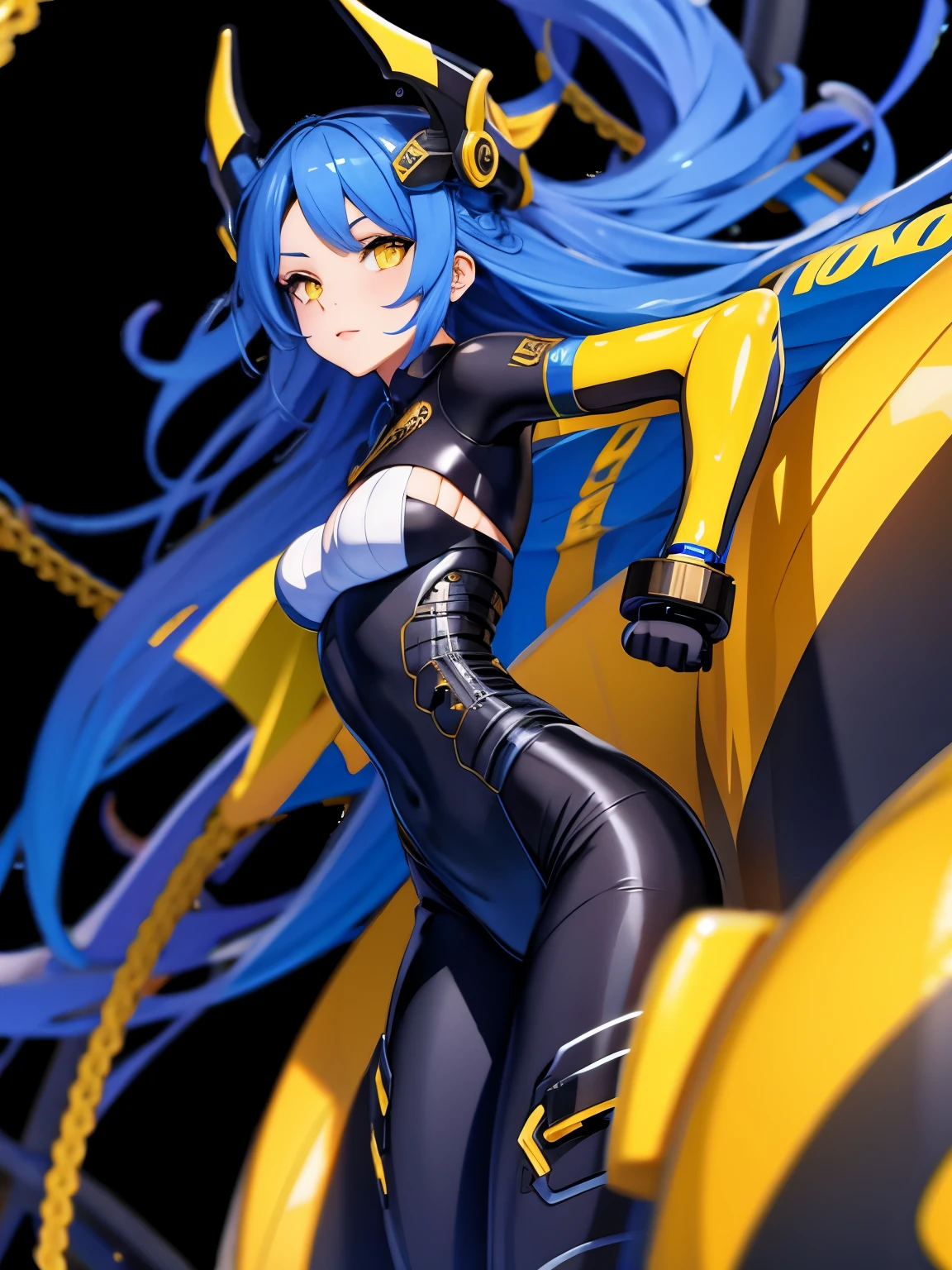 1girl, solo, siren_(AL), rigging, tentacles, blue hair, yellow eyes, shackles, best quality, highest resolution, ultra detailed outfit