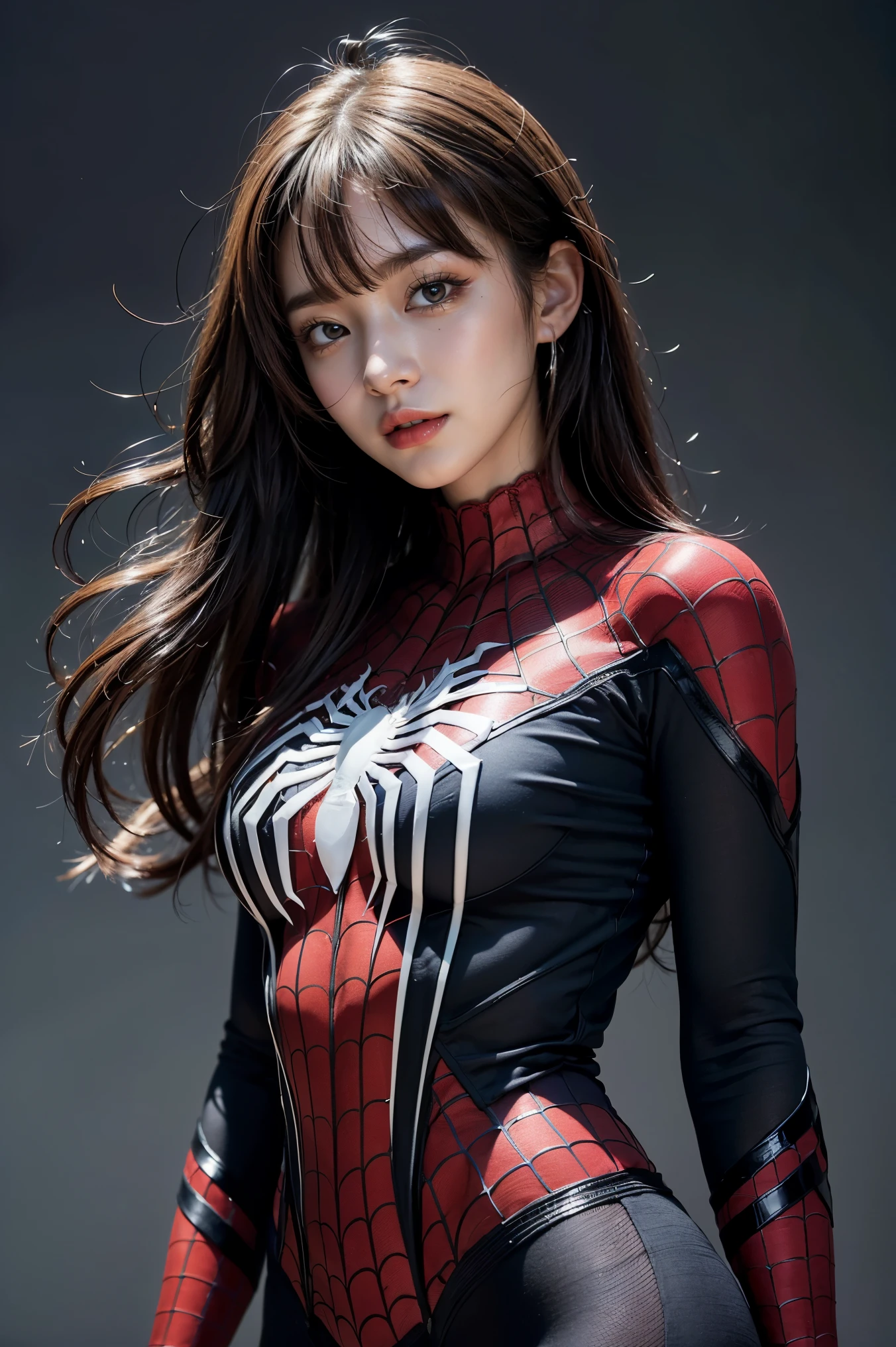 1 Girl, Very bright backlight, Solo, {beautiful-detailed eyes}, large full breasts, default black background, calm expression, Natural light and soft light, Hair fluttering in the breeze, delicate facial features, Blunt bangs, beautiful Korean girl, Eye Smile, Very small earrings,(Wearing Spider-Man's suit. It has a red and black scheme of spider design, A glimpse of the valley :1.3) ,23 years old, film grain, Real hands,shy smile,((sexy poses)), ultra detail, detail, more detail
