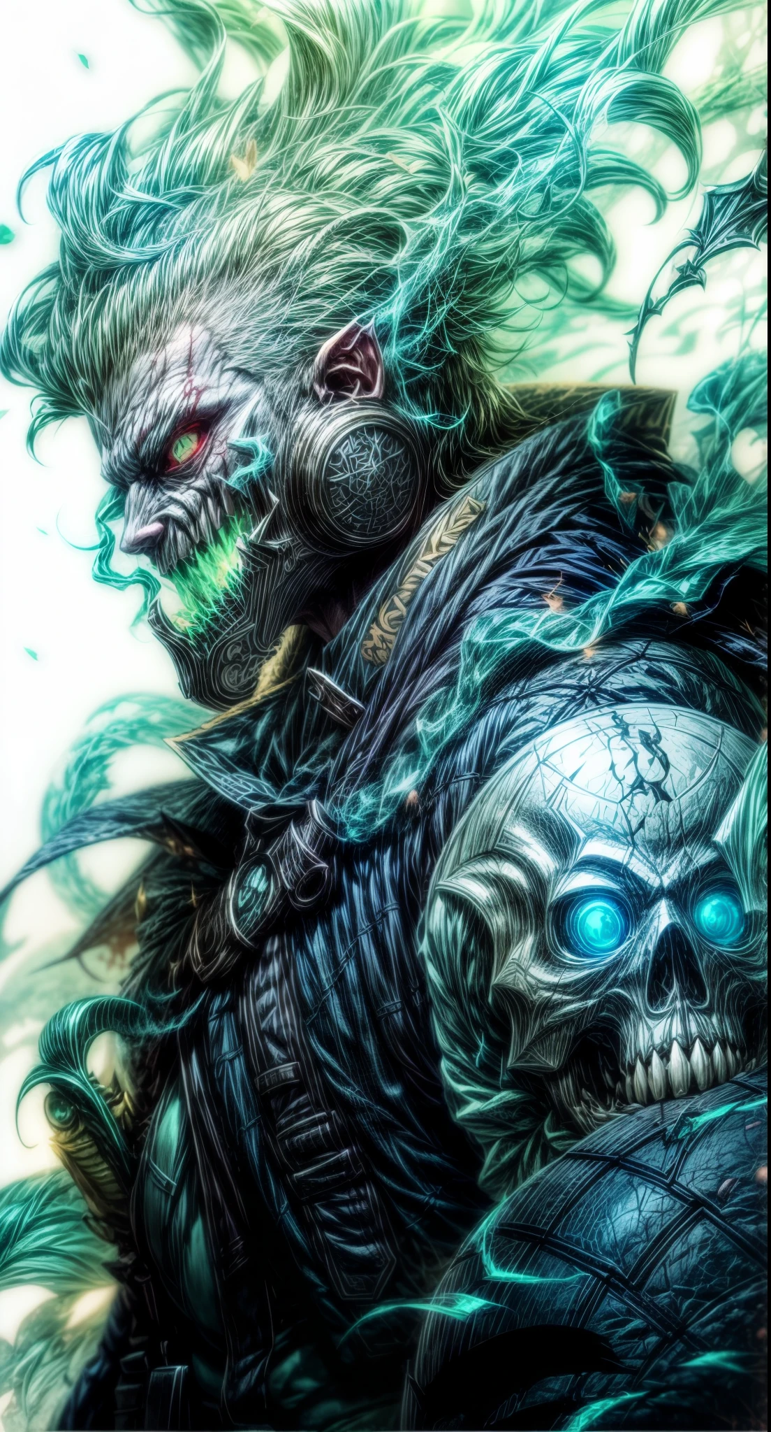 a demonic looking demonic looking demon with  and a bloody face, from overlord, with, evil smile and  , overlord!!!, fully red eyes, overlord, glowing red skull, overlord season 4,