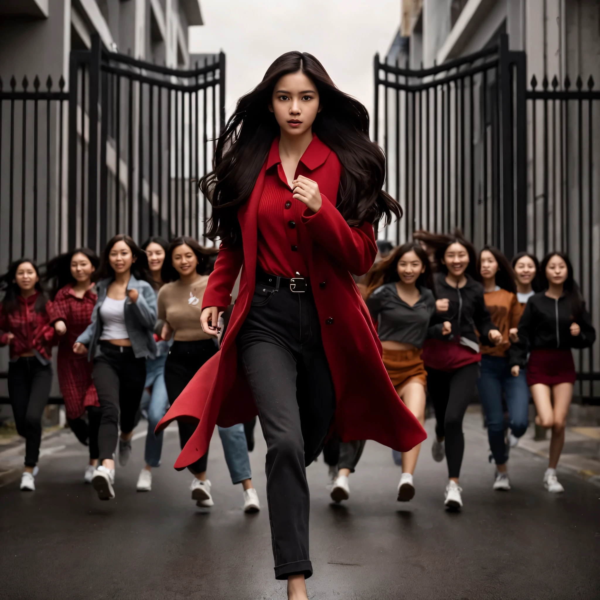 photography. Indonesian woman, white, long black hair, wearing a red coat, wearing black pants, running, behind her there are 8 age women running, different clothes, background of the gate, camera angle from above the object, camera angle from the room window. realistic photography.