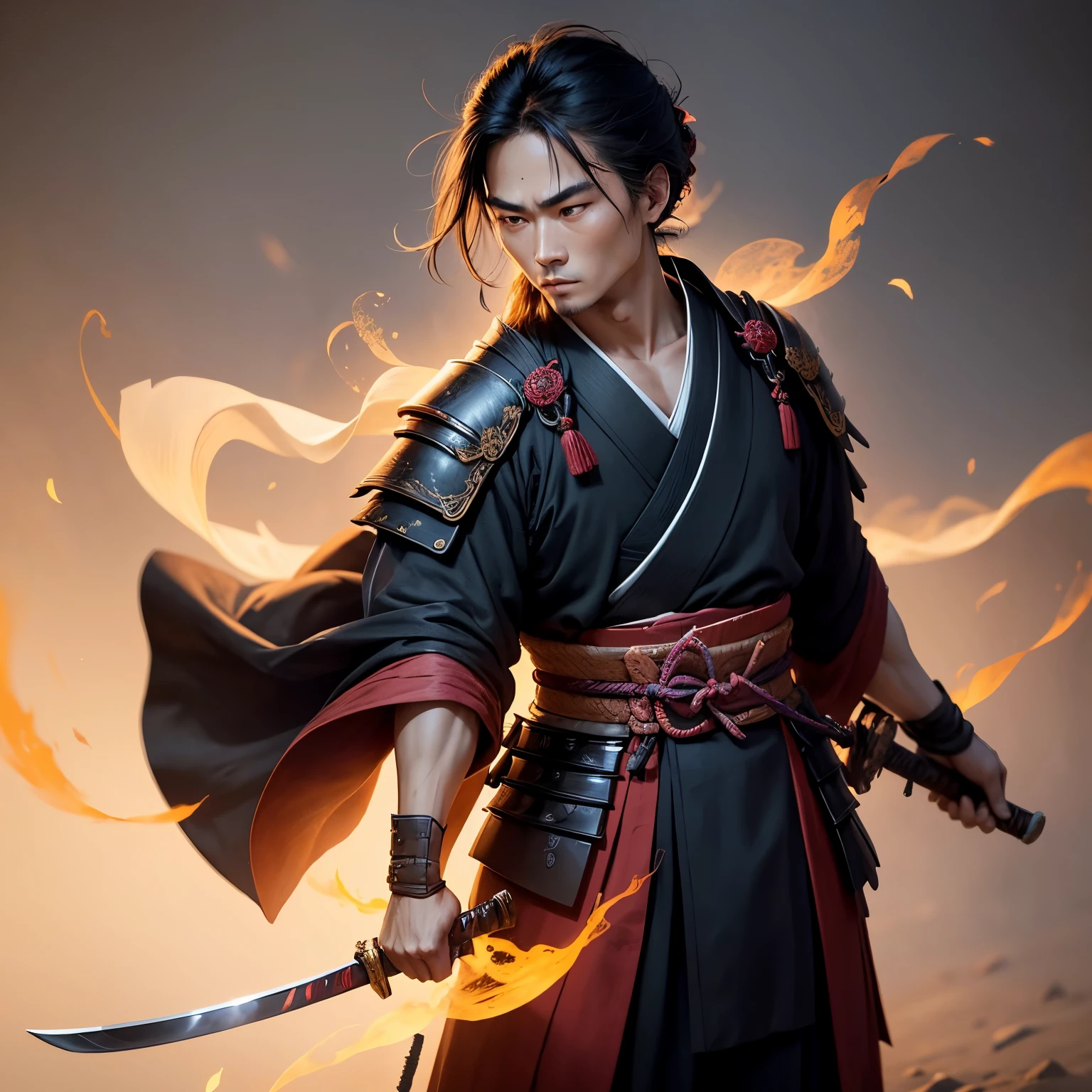 In the center of the image stands a samurai, a symbol of honor and bravery in history. Dressed in traditional attire, the samurai wears a flowing black and red kimono,and a layered hakama over his left shoulder. The intricate pattern and texture of the kimono are exquisitely detailed, evoking the rich cultural heritage,In his hand, the samurai clasps a katana, the iconic sword that signifies both power and loyalty. The katana's blade shines in the moonlight, a testament to its craftsmanship and the skilled artisans who forged it, The image is set against a minimalist background, focusing all attention on the samurai. The use of watercolor techniques gives the entire scene a dreamy, ethereal quality. The brushstrokes are bold yet delicate, creating a sense of movement and drama,The samurai's face is inscrutable, his features cast in shadow. His eyes are unreadable, reflecting a deep sense of inner strength and resolve. His posture is erect and confident, his stance unwavering,This image is a testament to the legacy of the samurai, their unwavering loyalty, and their unparalleled bravery. It is a snapshot of a time long past, a symbol of rich cultural heritage,completing the stable diffusion of serenity and contentment,masterpiece, best quality