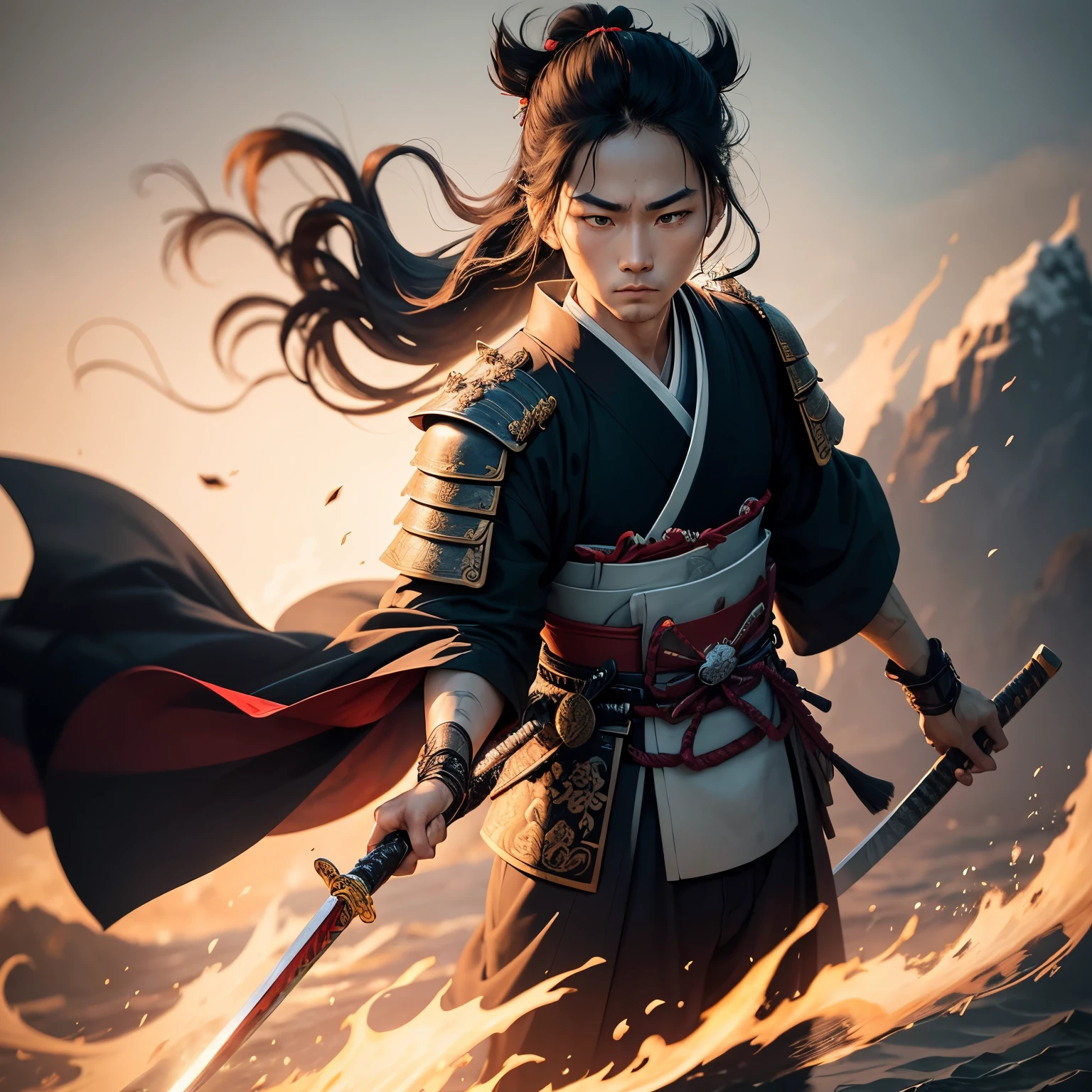 In the center of the image stands a samurai, a symbol of honor and bravery in history. Dressed in traditional attire, the samurai wears a flowing black and red kimono,and a layered hakama over his left shoulder. The intricate pattern and texture of the kimono are exquisitely detailed, evoking the rich cultural heritage,In his hand, the samurai clasps a katana, the iconic sword that signifies both power and loyalty. The katana's blade shines in the moonlight, a testament to its craftsmanship and the skilled artisans who forged it, The image is set against a minimalist background, focusing all attention on the samurai. The use of watercolor techniques gives the entire scene a dreamy, ethereal quality. The brushstrokes are bold yet delicate, creating a sense of movement and drama,The samurai's face is inscrutable, his features cast in shadow. His eyes are unreadable, reflecting a deep sense of inner strength and resolve. His posture is erect and confident, his stance unwavering,This image is a testament to the legacy of the samurai, their unwavering loyalty, and their unparalleled bravery. It is a snapshot of a time long past, a symbol of rich cultural heritage,completing the stable diffusion of serenity and contentment,masterpiece, best quality
