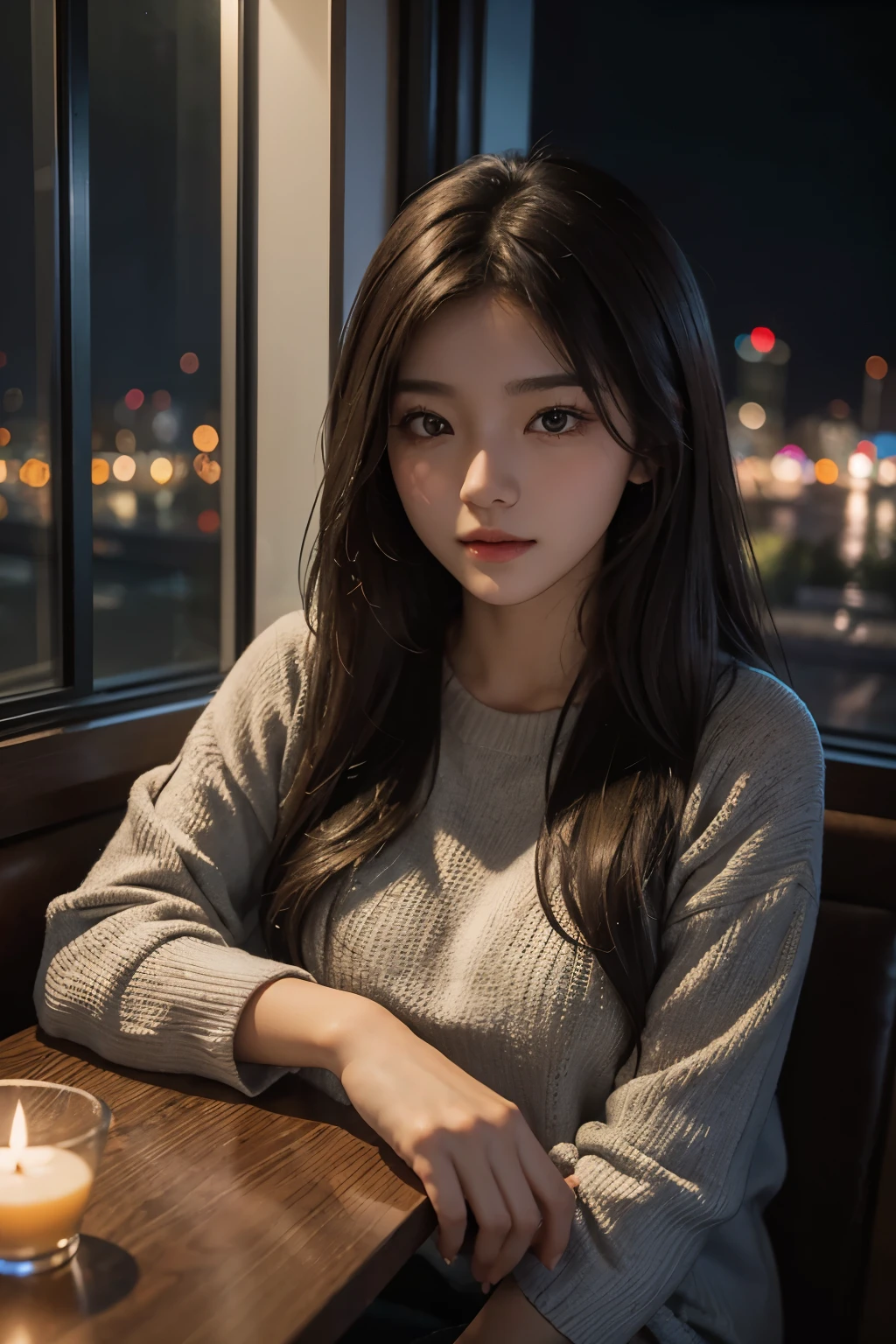 The time is night。Sitting by the window in a restaurant、Beautiful woman looking at the scenery outside the window。twenty years old。dark brown hair。There is a view of the suburbs outside the window.。The woman looks a little lonely。Upper body close-up image。