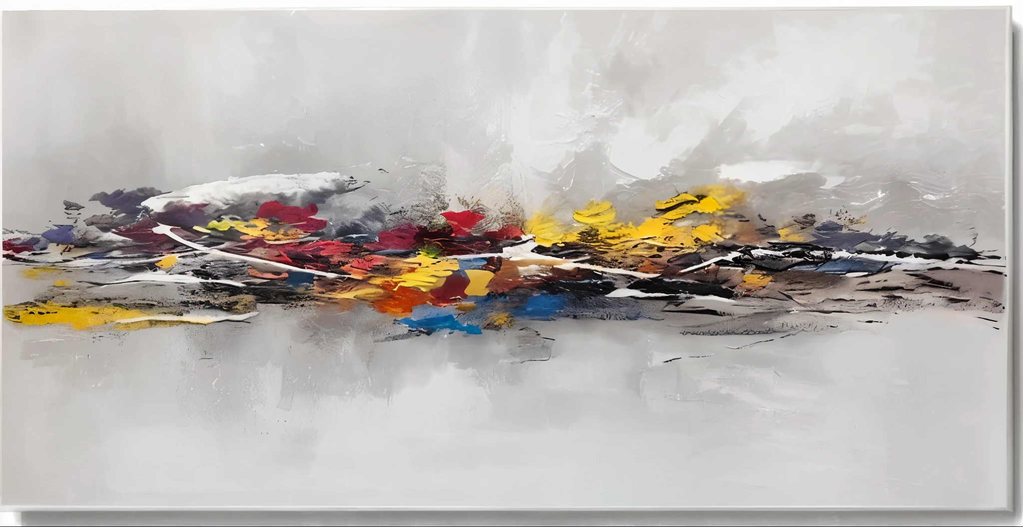 abstract painting of a white and yellow painting with many different colors, brush stroke oil painting, abstract artwork, abstract realism, abstract painting oil on canvas, oil paint on canvas, palette knife, on a gray background, brush strokes oil painting, artistic painting, abstract oil painting, paint on canvas, with a white background, oil on canvas big brushstrokes --ar 2:1