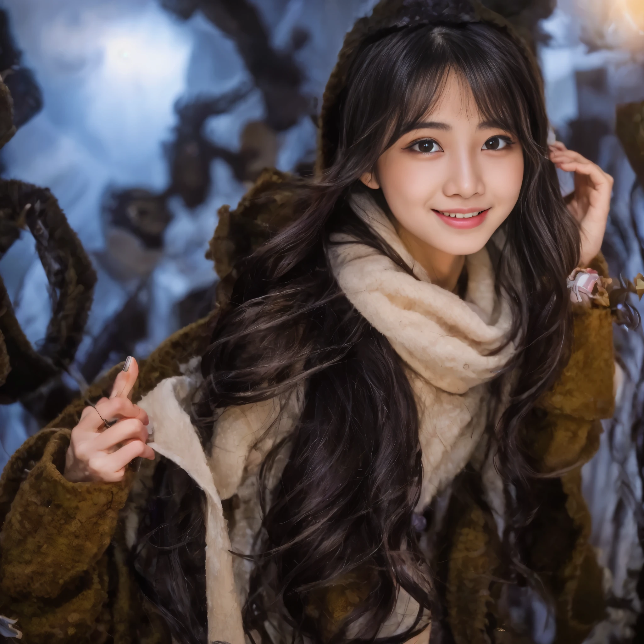 1 female、18-year-old、masterpiece、highest quality、Super detailed、to be born、Japanese、Looks like a Korean idol、（small face:1.4）、eyeliner、eye shadow、laughter、（Curvaceous:1.4）、scarf、hip hop style、colorful clothes、dynamic pose、Slow motion、blur the background