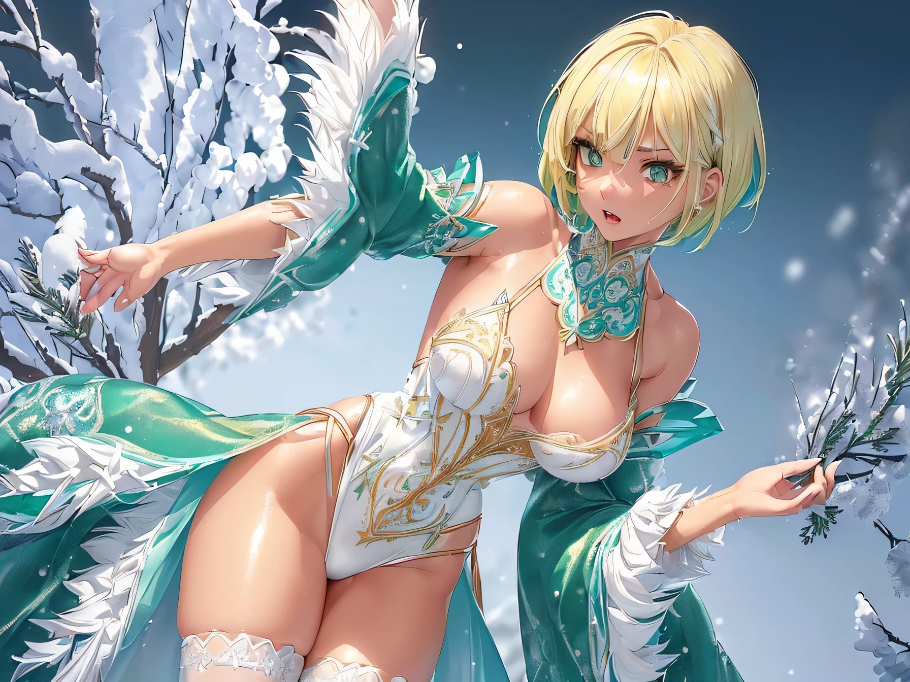 cute elf,((anime elf with extremely cute and beautiful blond hair)),((((blond hair:1.35,undercut blond hair,short hair,colored inner hair,ear breathing)))),(((green_eyes:1.3))),intricate eyes,beautiful detailed eyes,symmetrical eyes,big eyes:1.5,enchanting bright eyes studded with gold and silver dust,(((pinky skin,glowing_skin,lustrous skin:1.5,bright skin: 1.5,skin tanned,shiny skin,very shiny skin,shiny body,plastic glitter skin,exaggerated shiny skin,illuminated skin))),upward breasts,(detailed body,(detailed face)),cute,daring,zettai ryouiki,show skin,best relationship with four fingers and one thumb,((girl trembling with sexual climax))
Break (((aqua fur coat, aqua fur coat outfit, wearing a ice dress:1.3,aqua winter coat))), ((ice dress,elegant ice dress)),(white gloves,white clothes,(((intricate outfit,intricate clothes,embroidered outfit,ornate outfit,embroidered clothes,ornate clothes))),(dynamic pose:1.0),embarrassed,(centered,scale to fit dimensions,Rule of thirds),((snowy pine forest)),winter,scenery:1.25,((intricate scenery)),((snow forest background)),(Glossy winter ornaments),highres,sharp focus,(ultra detailed,extremely detailed),(photorealistic artwork:1.37),(extremely detailed CG unity 8k wallpaper),(((vibrant colors,vibrant theme))),(intricate),full body,(perfect body),standing,One woman.Forehead. Bob cut. Plain appearance. Talented. She is studying well. she is angry Wrinkles between the eyebrows. naked. Creampie. pubic hair. Semen is overflowing from her vaginal opening. Her pussy is being opened with both of her hands. Spread your legs. Raising her legs.