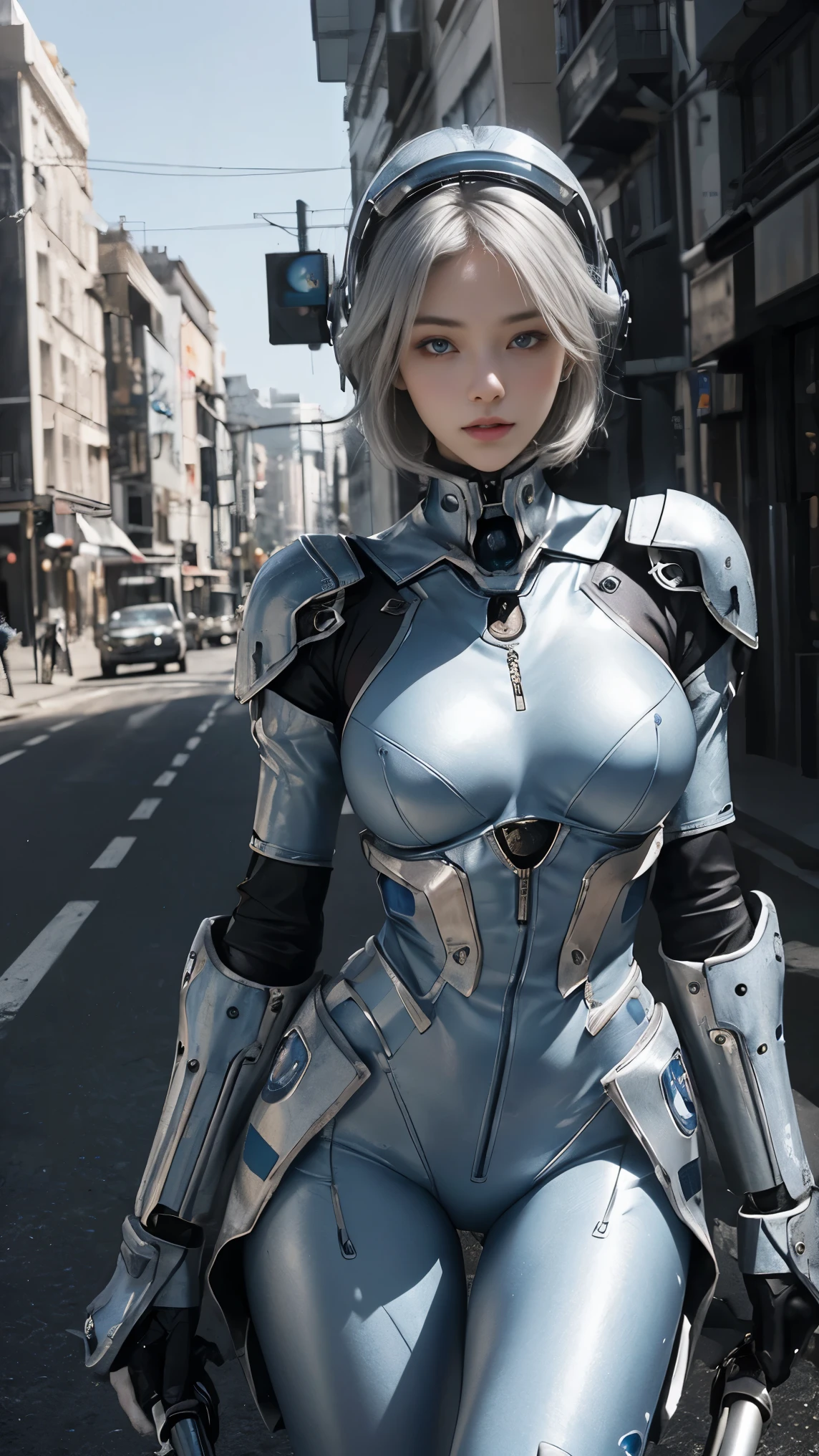 25 year old woman,Highest image quality, outstanding details, ultra-high resolution, (realism: 1.4), the best illustration, favor details, highly condensed 1girl, with a delicate and beautiful face, dressed in a blue and silver mecha, wearing a mecha helmet, holding a directional controller, riding on a motorcycle, cool beauty,tall girl,short hair,silver hair,Precisely expresses details such as face and skin texture,beautiful eye, blue eye,double eyelid,delicate skin,slender body shape,alone,big breasts,the background is a high-tech lighting scene of the future city.